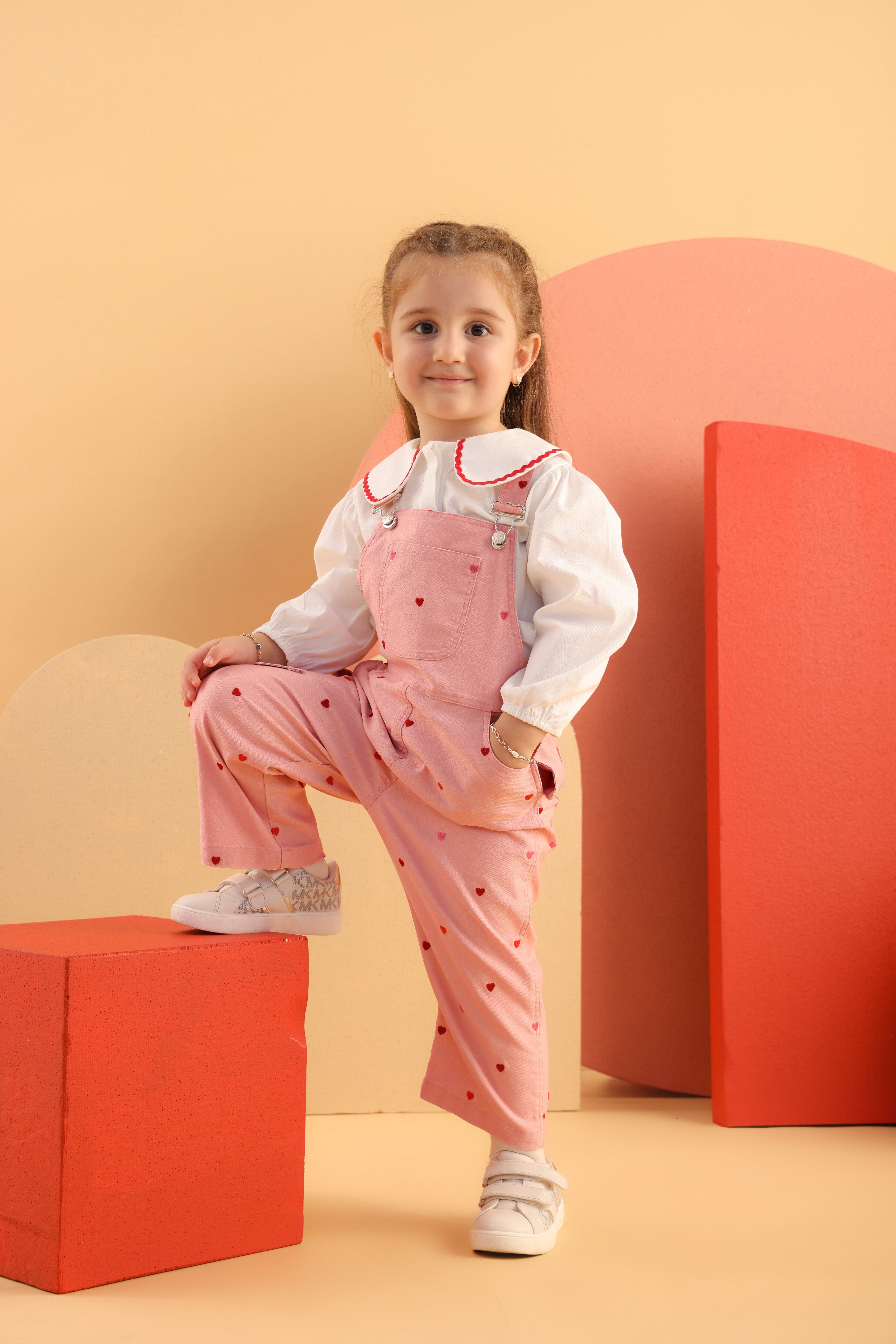 Pembe Denim Desenli Askılı Pamuklu Kız Çocuk Salopet Tulum
