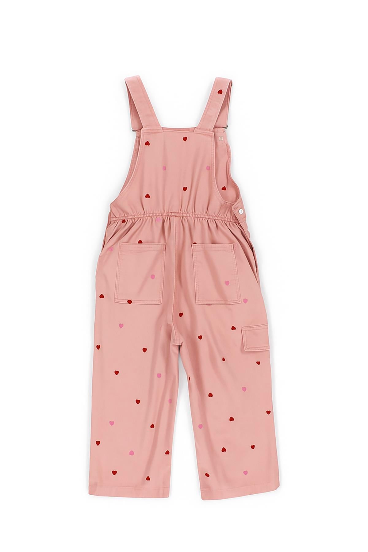 Pembe Denim Desenli Askılı Pamuklu Kız Çocuk Salopet Tulum