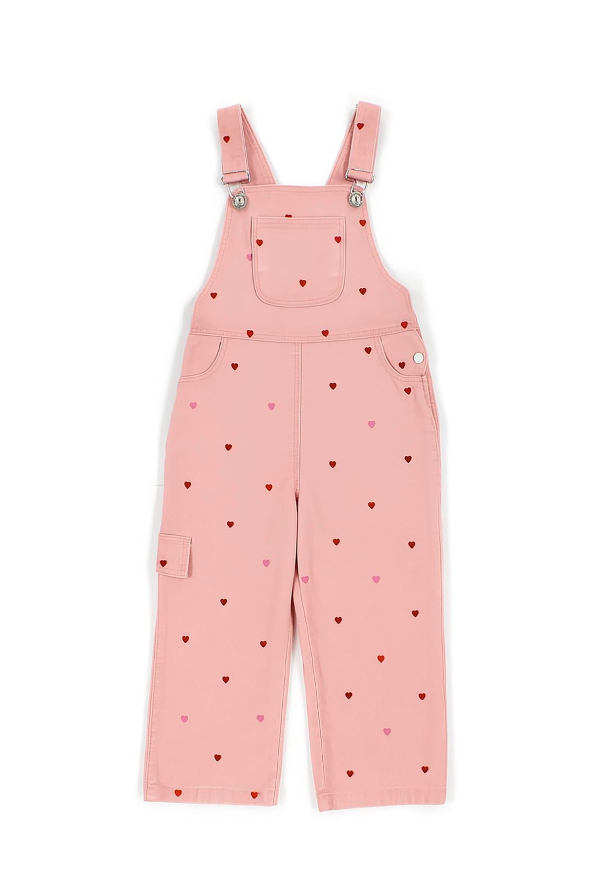 Pembe Denim Desenli Askılı Pamuklu Kız Çocuk Salopet Tulum