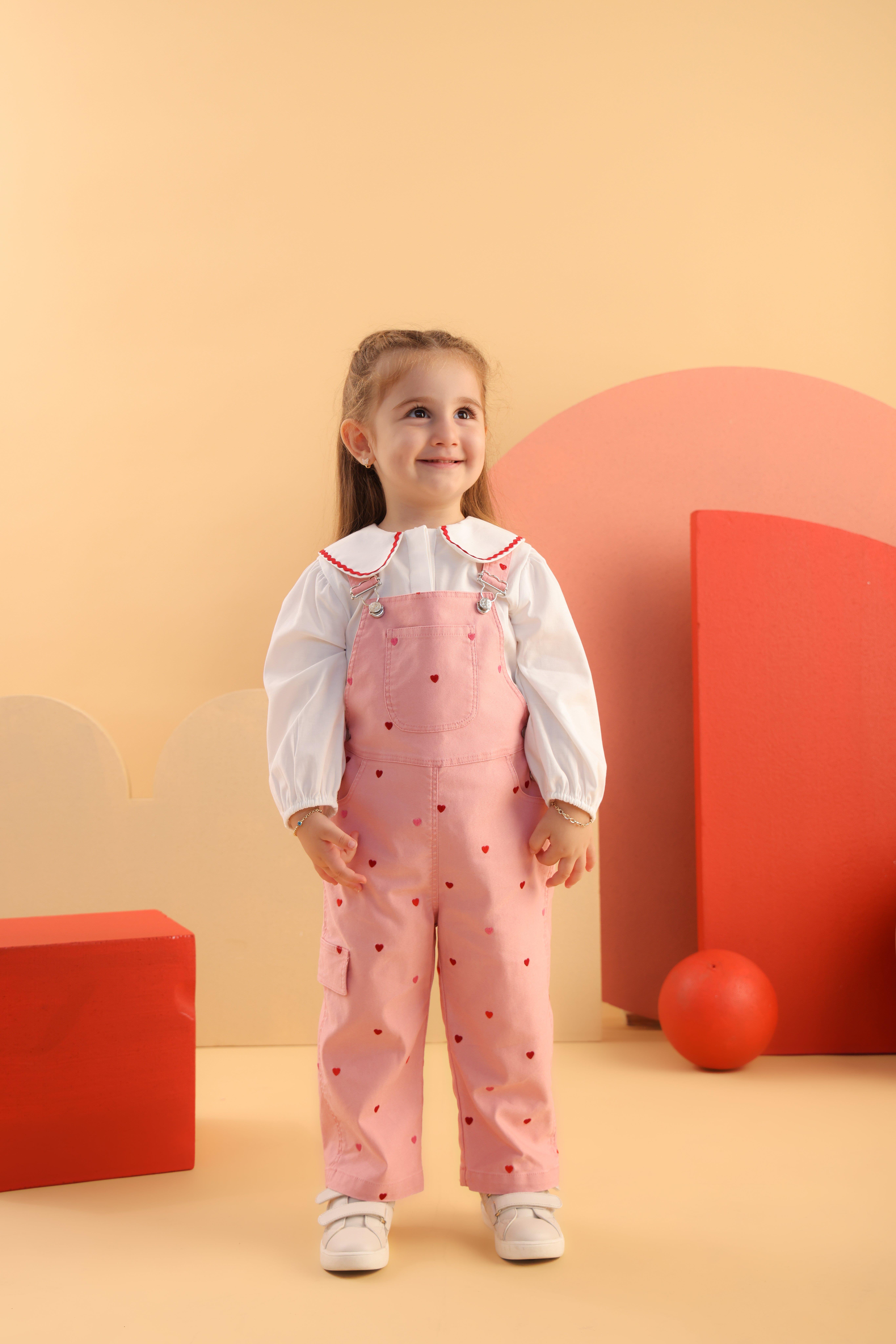 Pembe Denim Desenli Askılı Pamuklu Kız Çocuk Salopet Tulum