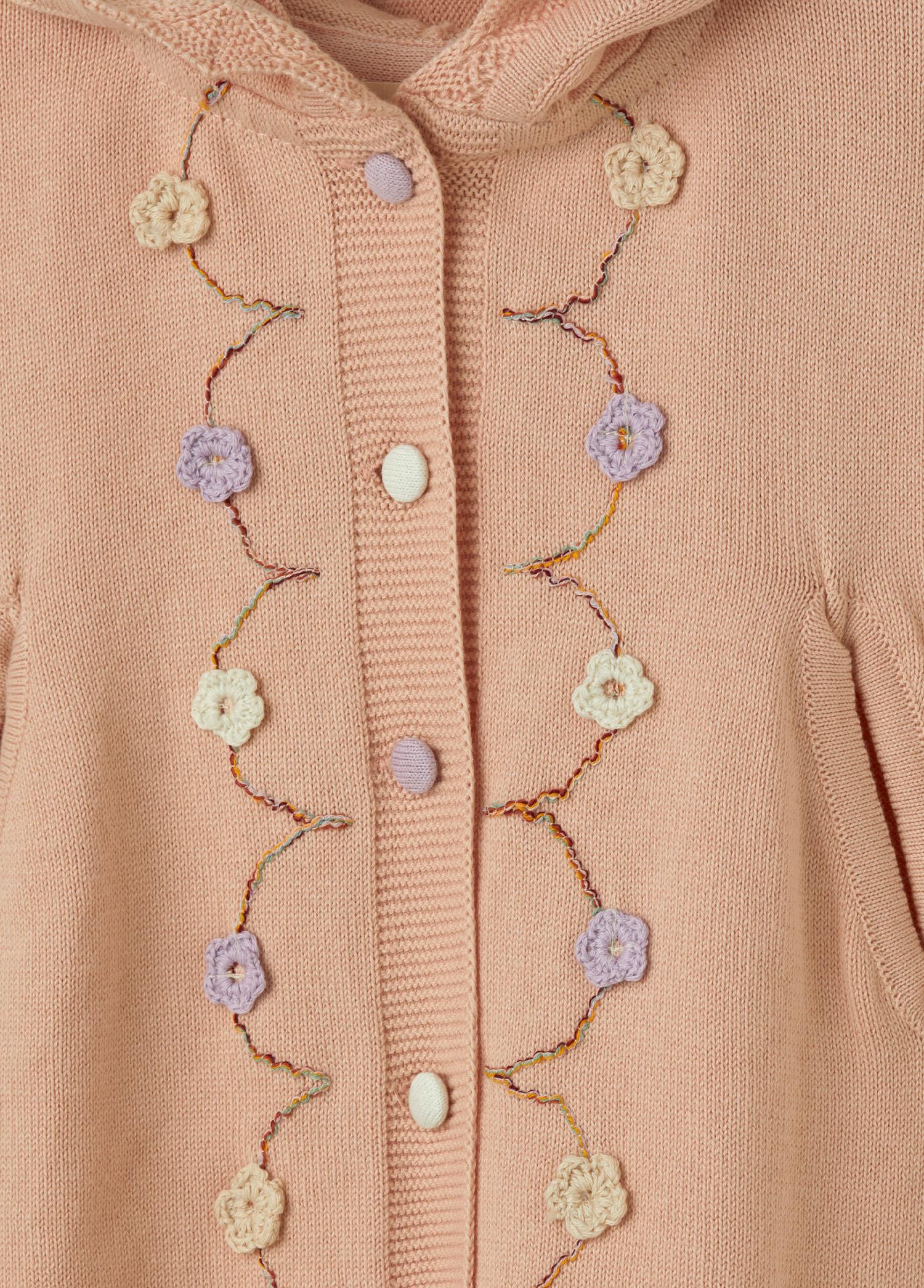 Pembe Organik Pamuk Çiçek Detaylı Çocuk Panço