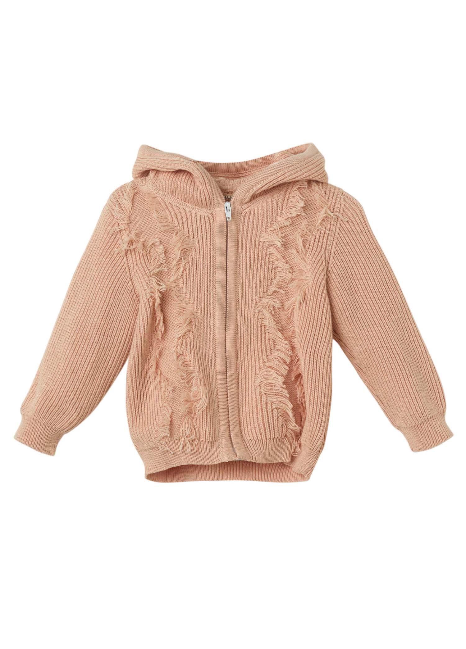 Pembe Organik Pamuk Kapüşonlu Püsküllü Hırka