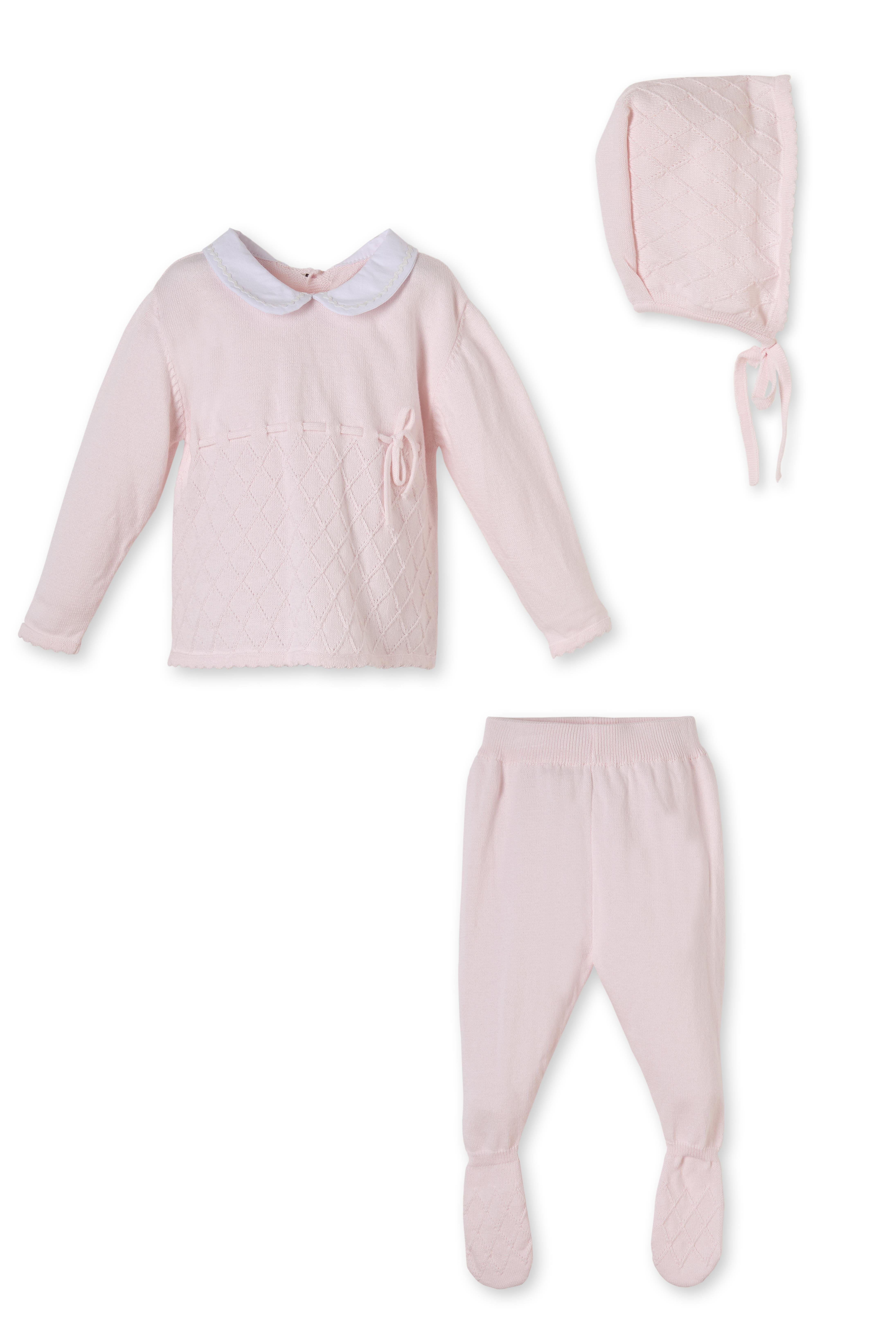 Pembe Organik Pamuklu Baklava Desenli Üçlü Triko Kız Çocuk Takım