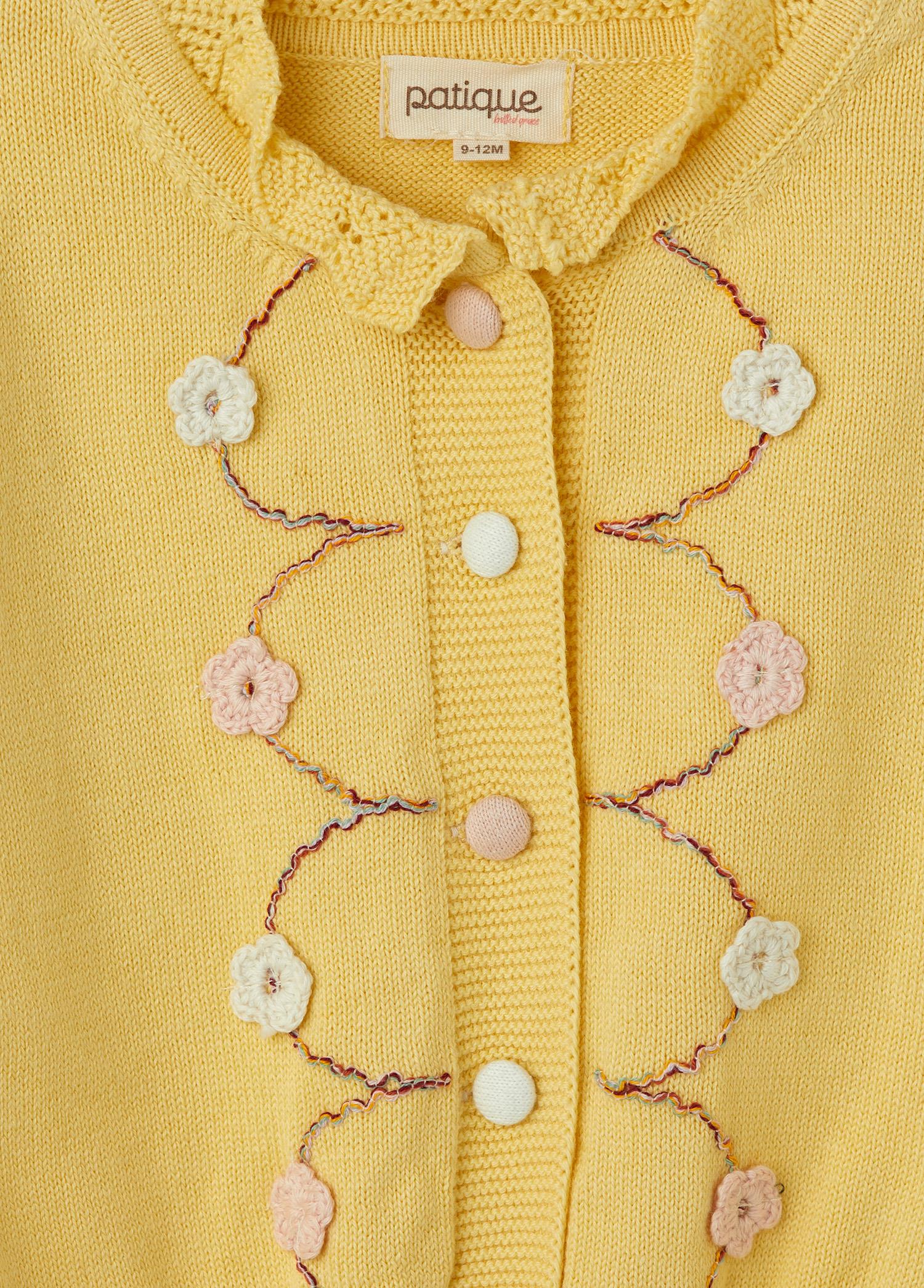 Sarı Organik Pamuk Çiçek Detaylı Hırka