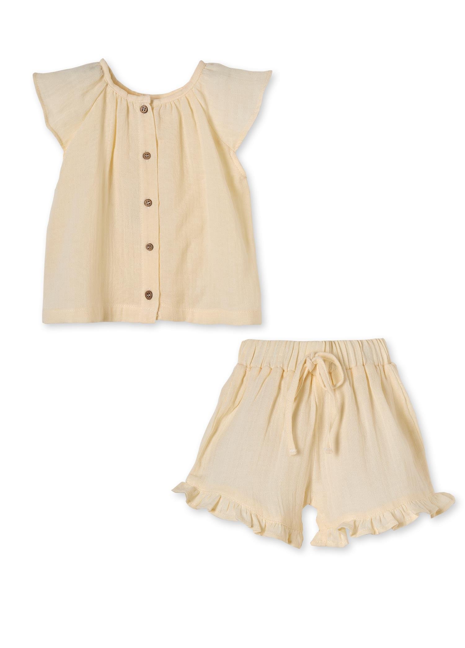 Sarı Organik Pamuklu Düğmeli 2'li Kız Çocuk Müslin Takım
