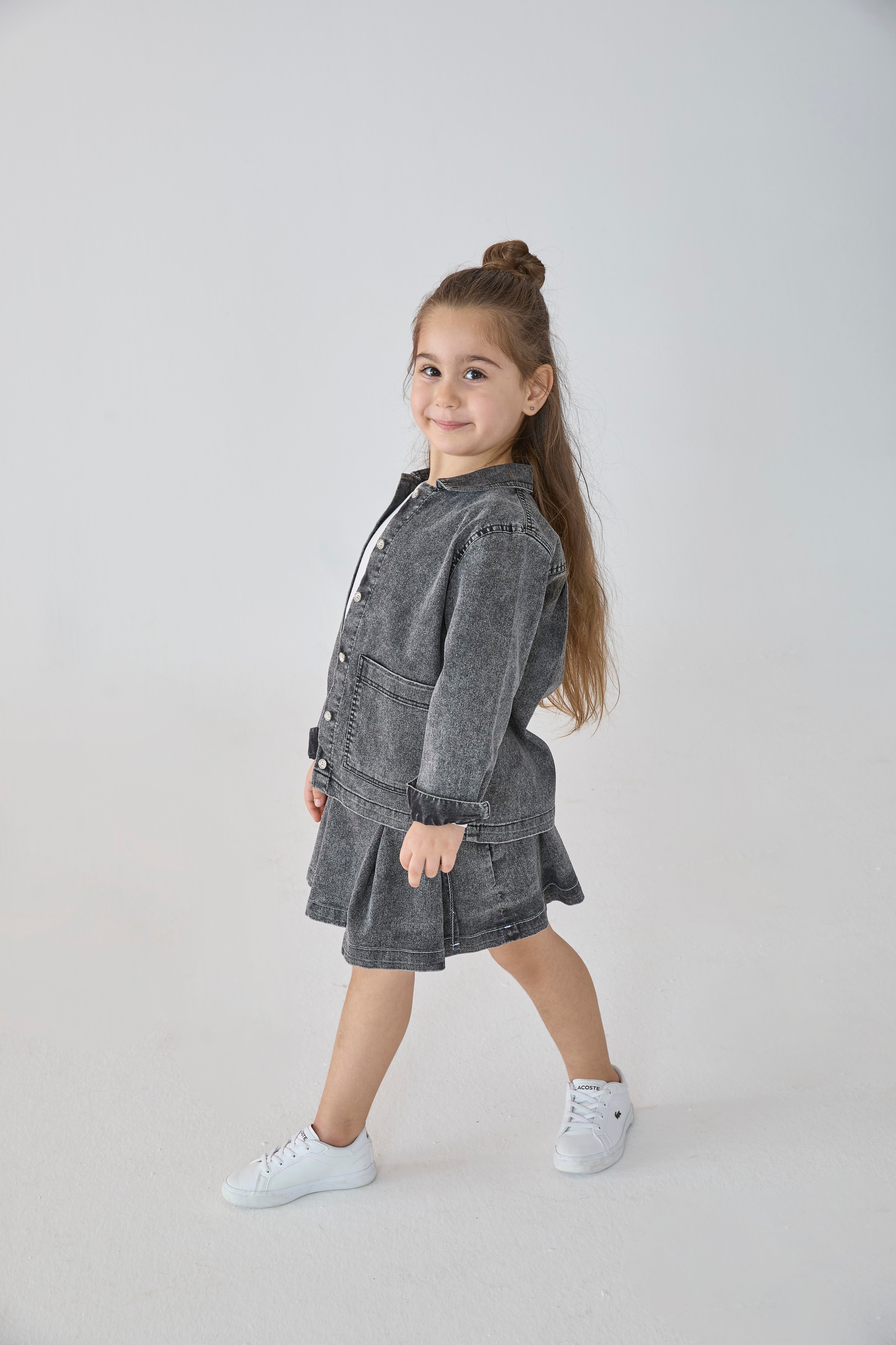 Siyah Denim Cepli Gömlek Yaka Pamuklu Kız Çocuk Ceket