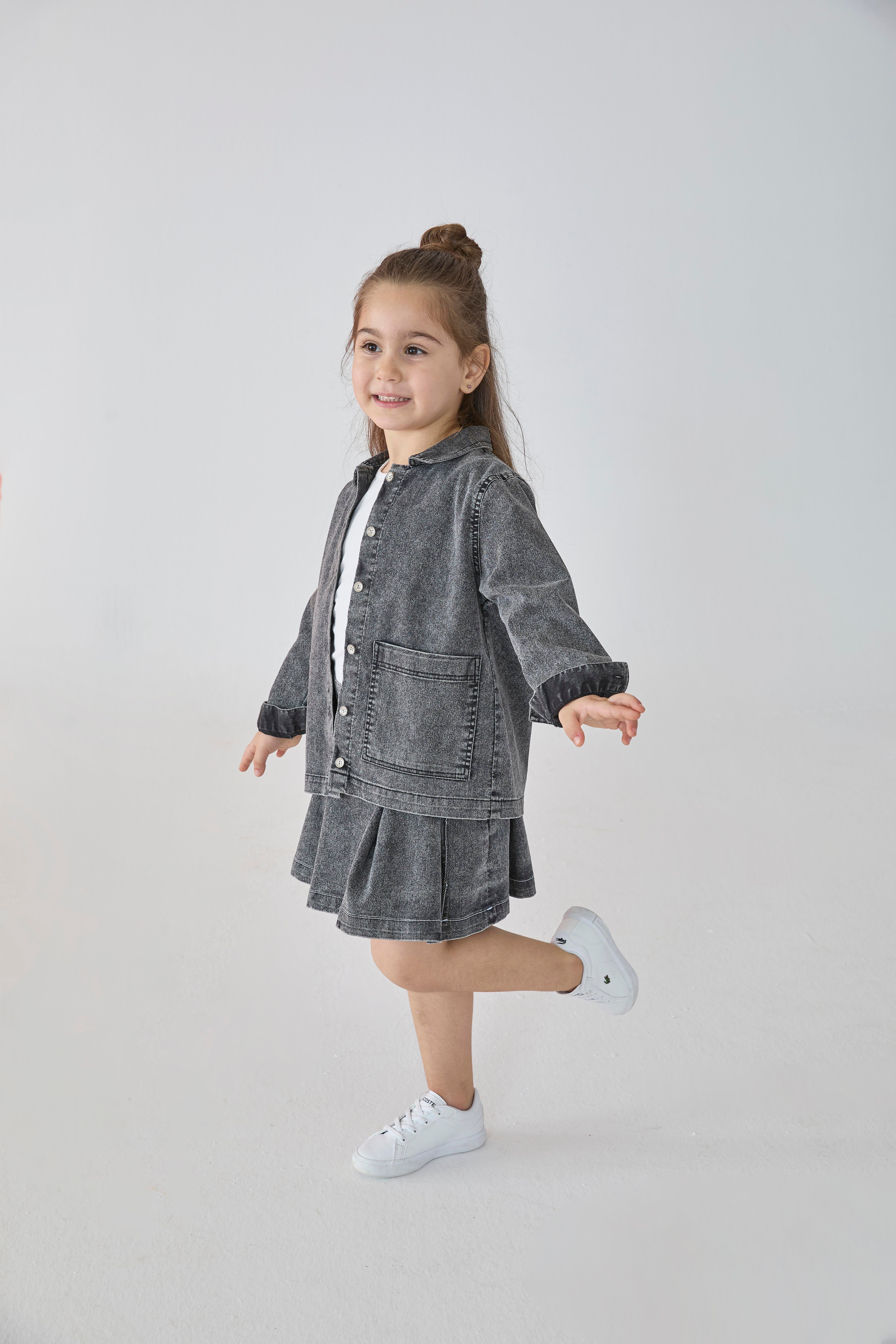 Siyah Denim Cepli Gömlek Yaka Pamuklu Kız Çocuk Ceket