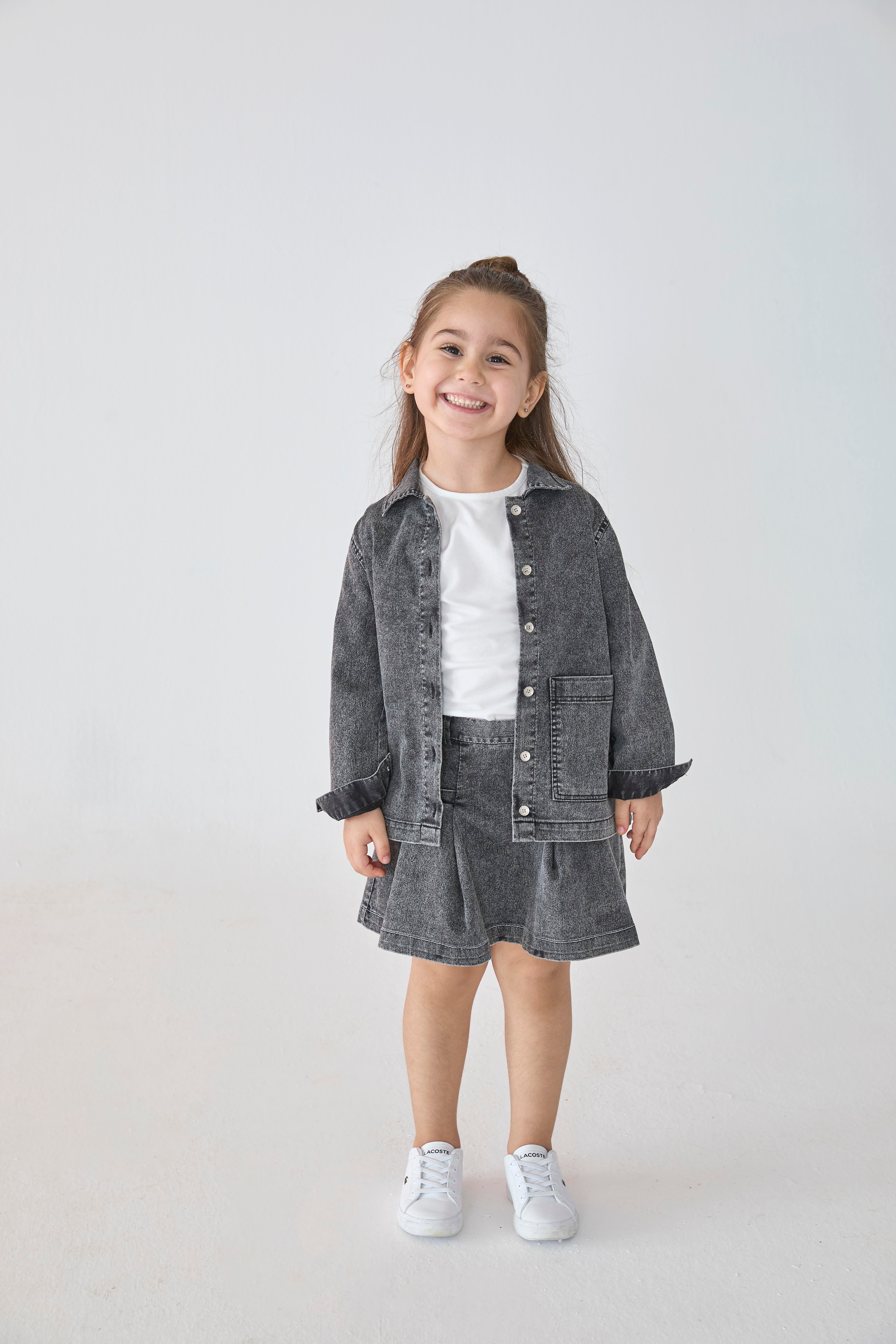 Siyah Denim Cepli Gömlek Yaka Pamuklu Kız Çocuk Ceket