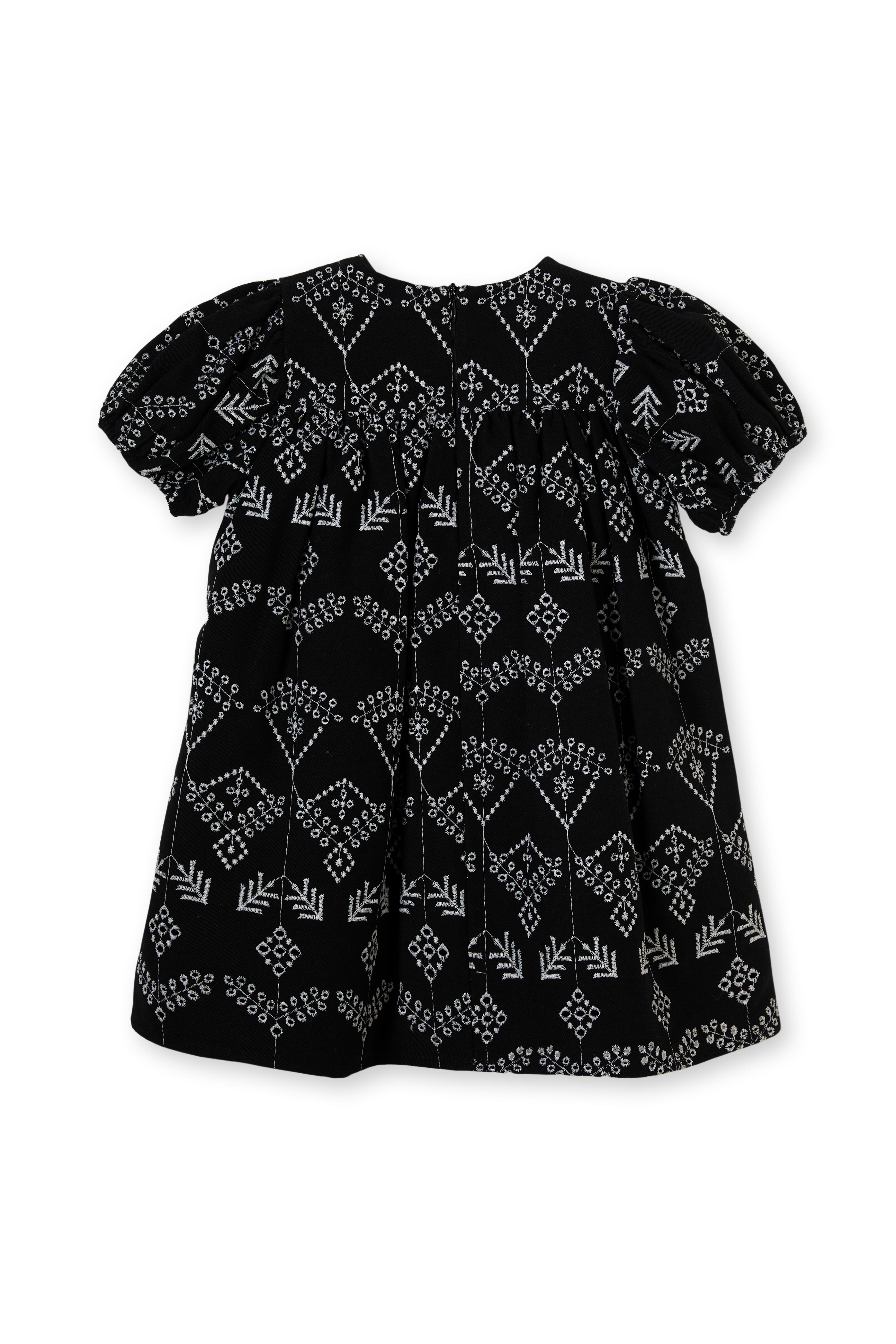 Siyah Pamuklu Brode Etnik Desenli Kız Çocuk Elbise
