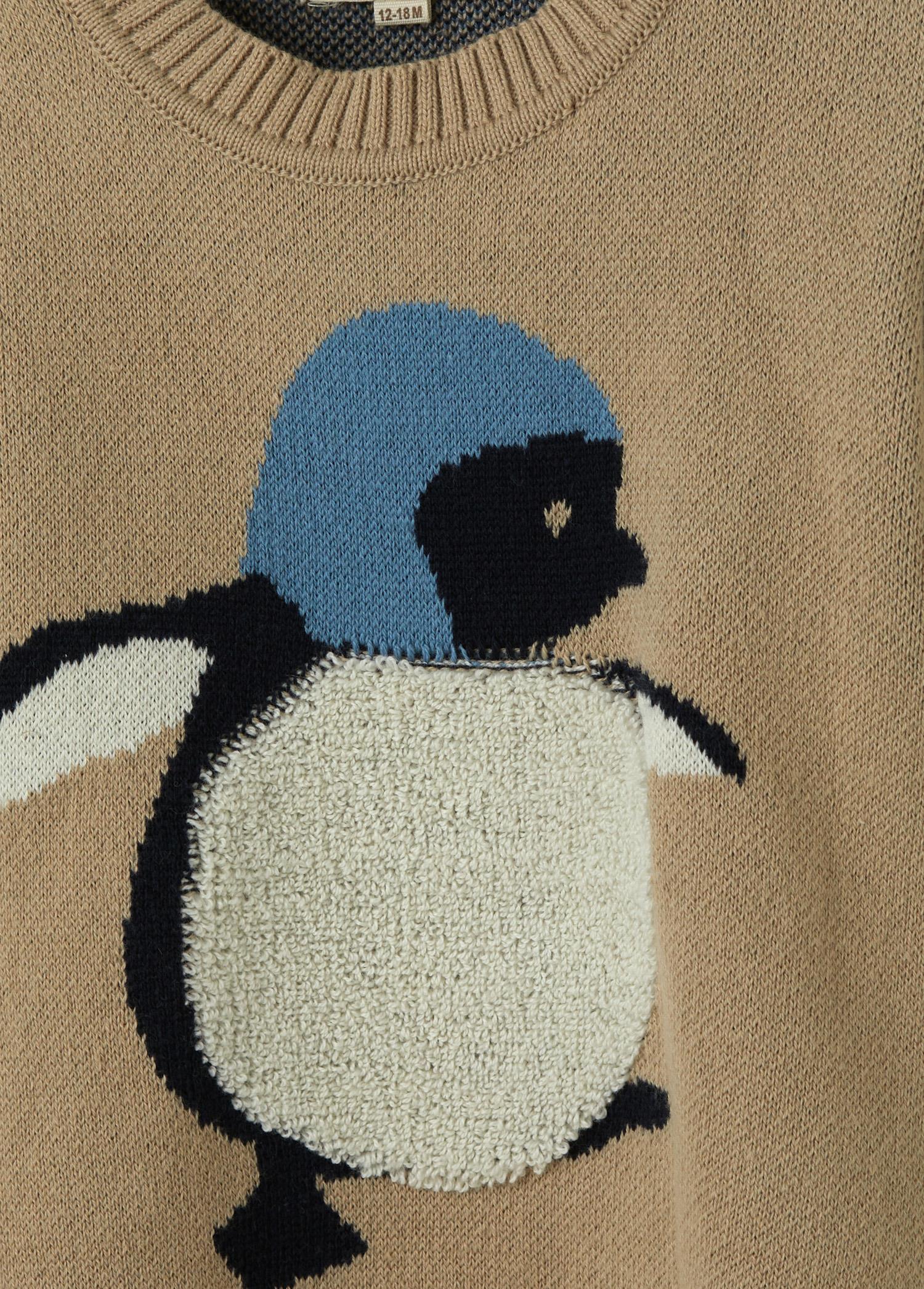 Sütlü Kahve Organik Pamuk Penguen Desenli Kazak