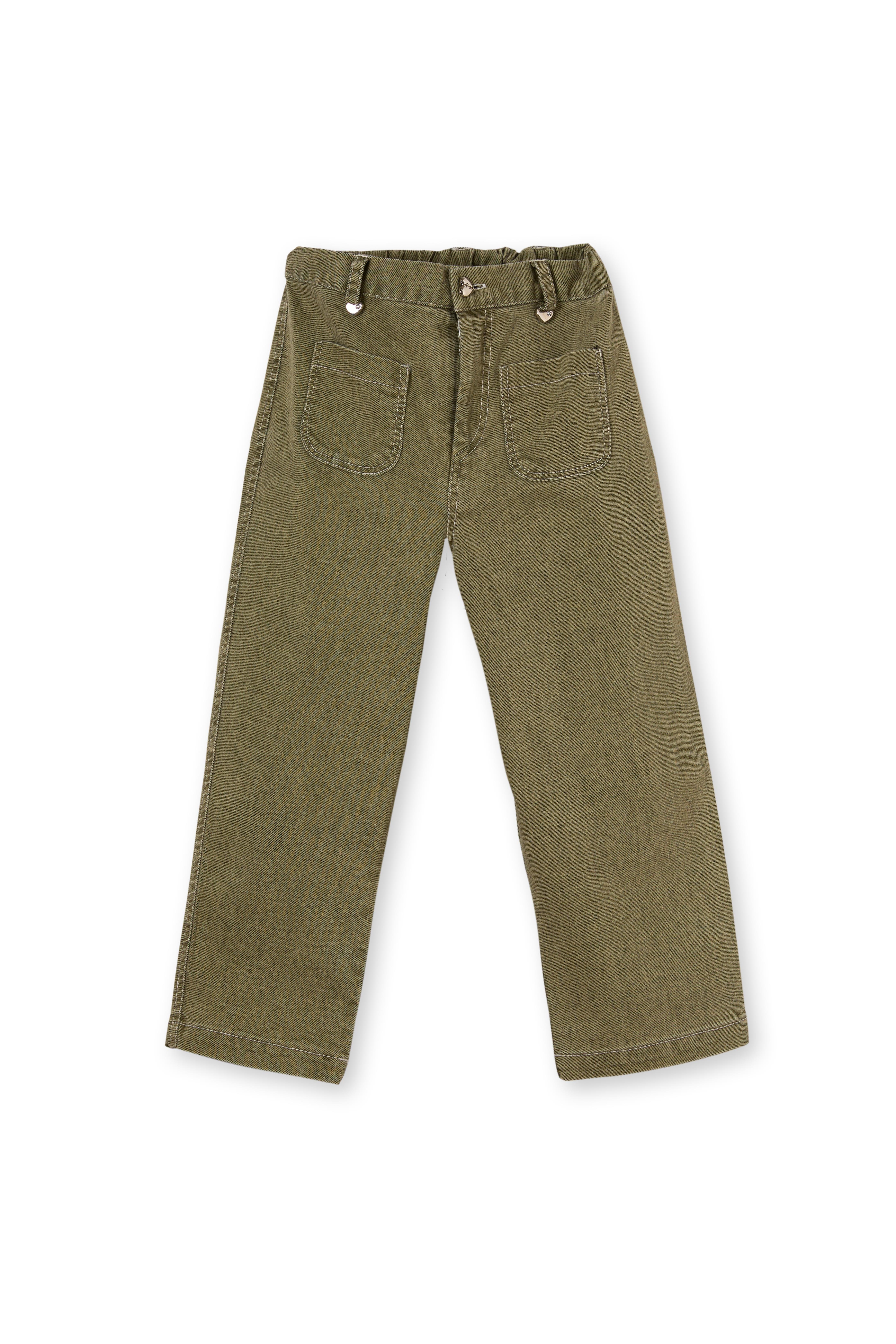Yeşil Denim Cepli Beli Lastikli Pamuklu Kız Çocuk Pantolon