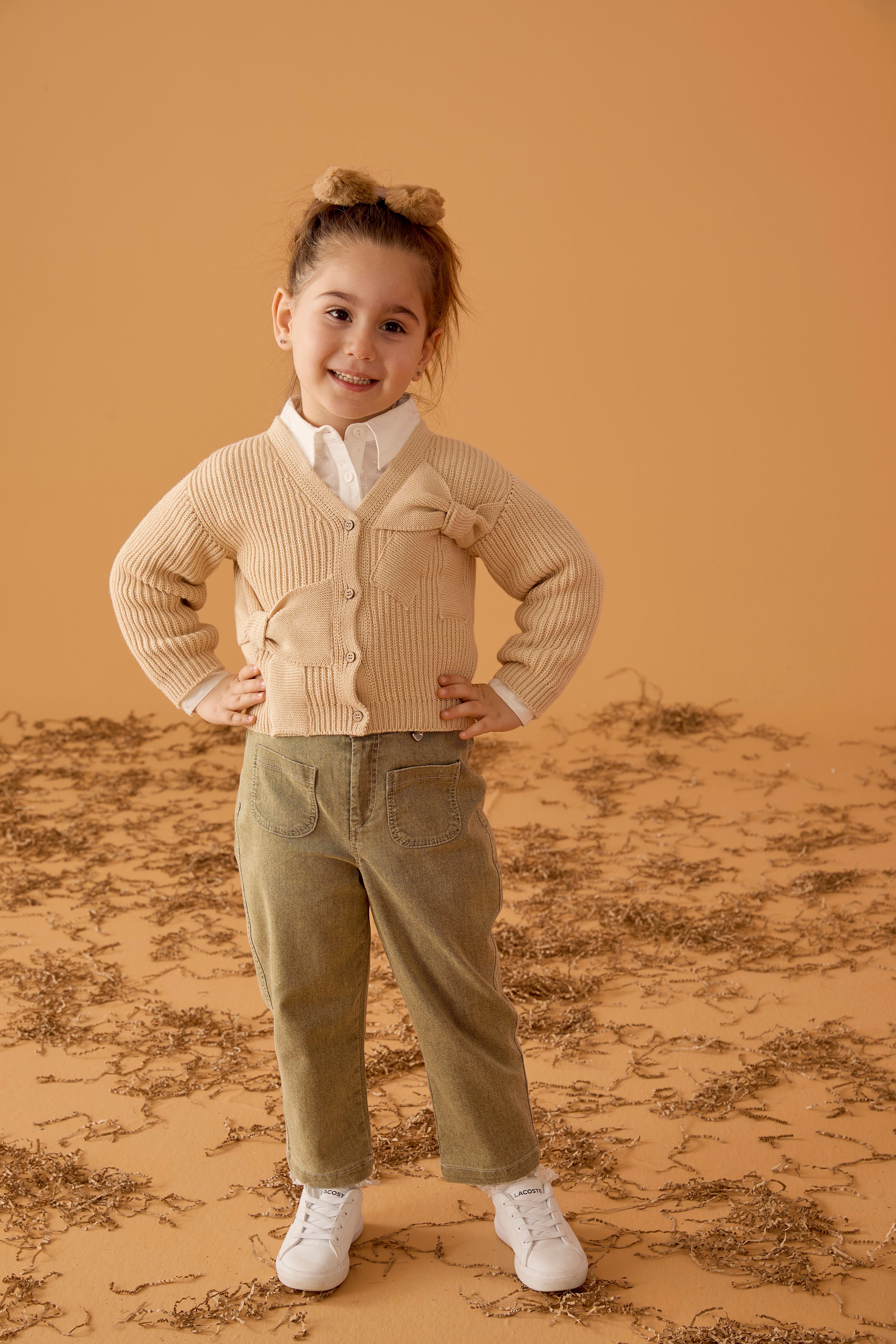 Yeşil Denim Cepli Beli Lastikli Pamuklu Kız Çocuk Pantolon