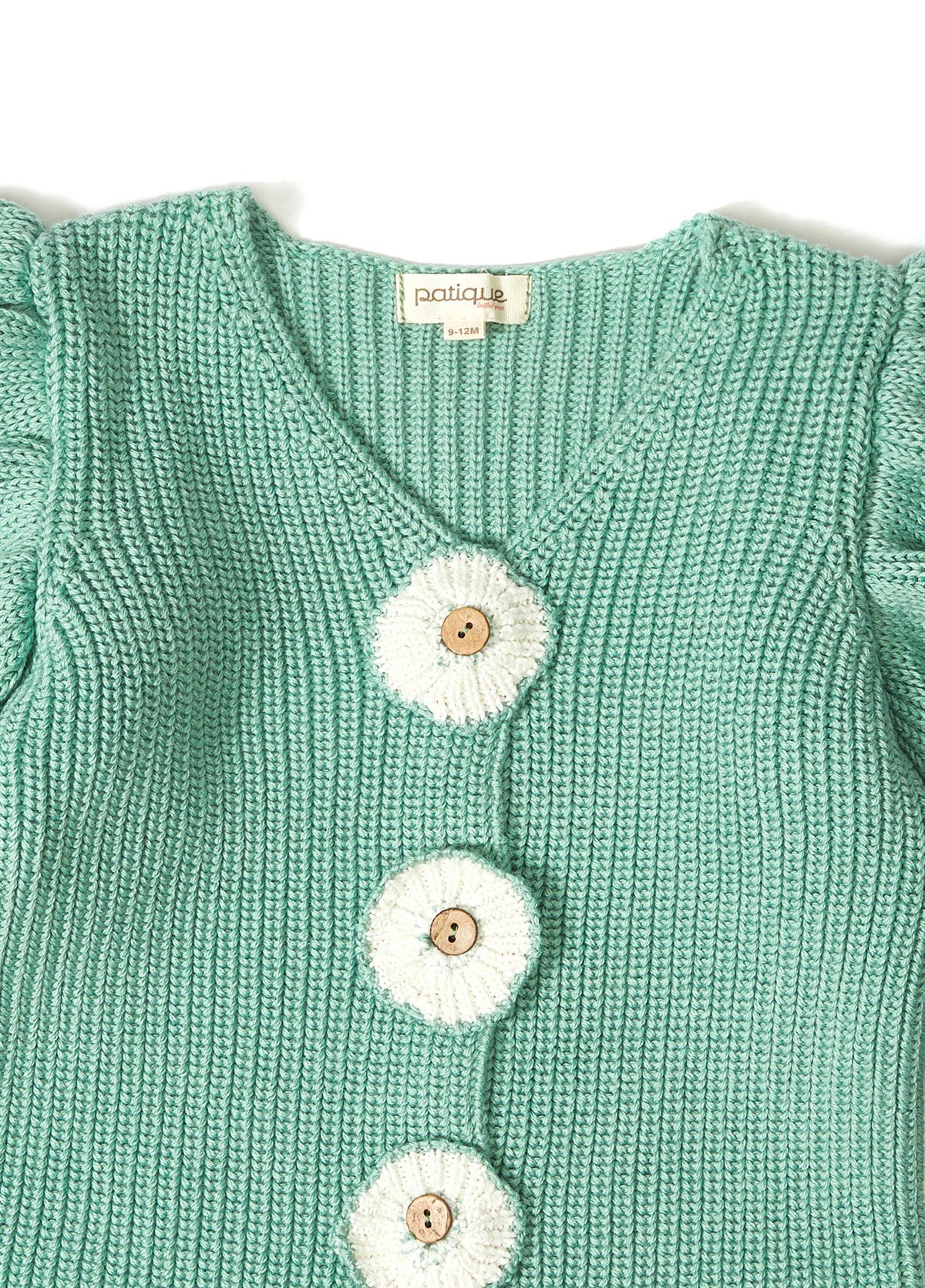 Green Organic Cotton Cardigan with Floral Button for Baby Girl