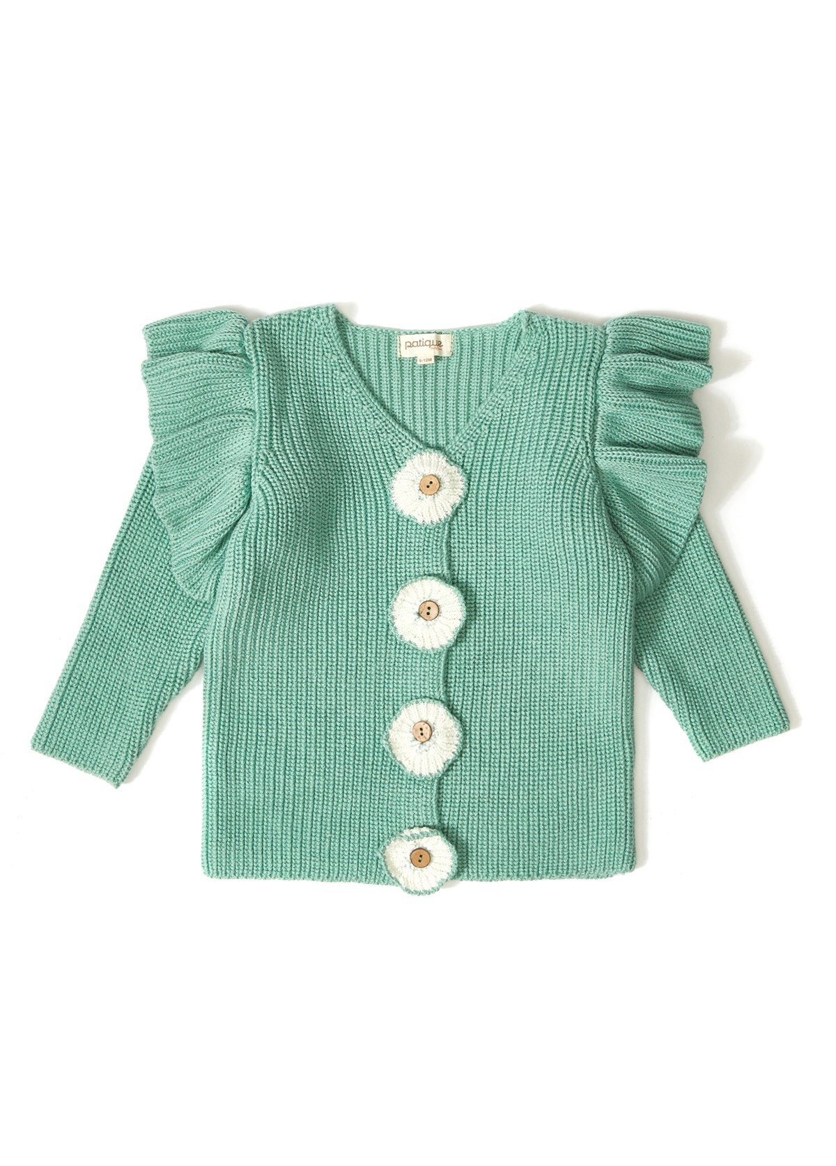 Green Organic Cotton Cardigan with Floral Button for Baby Girl