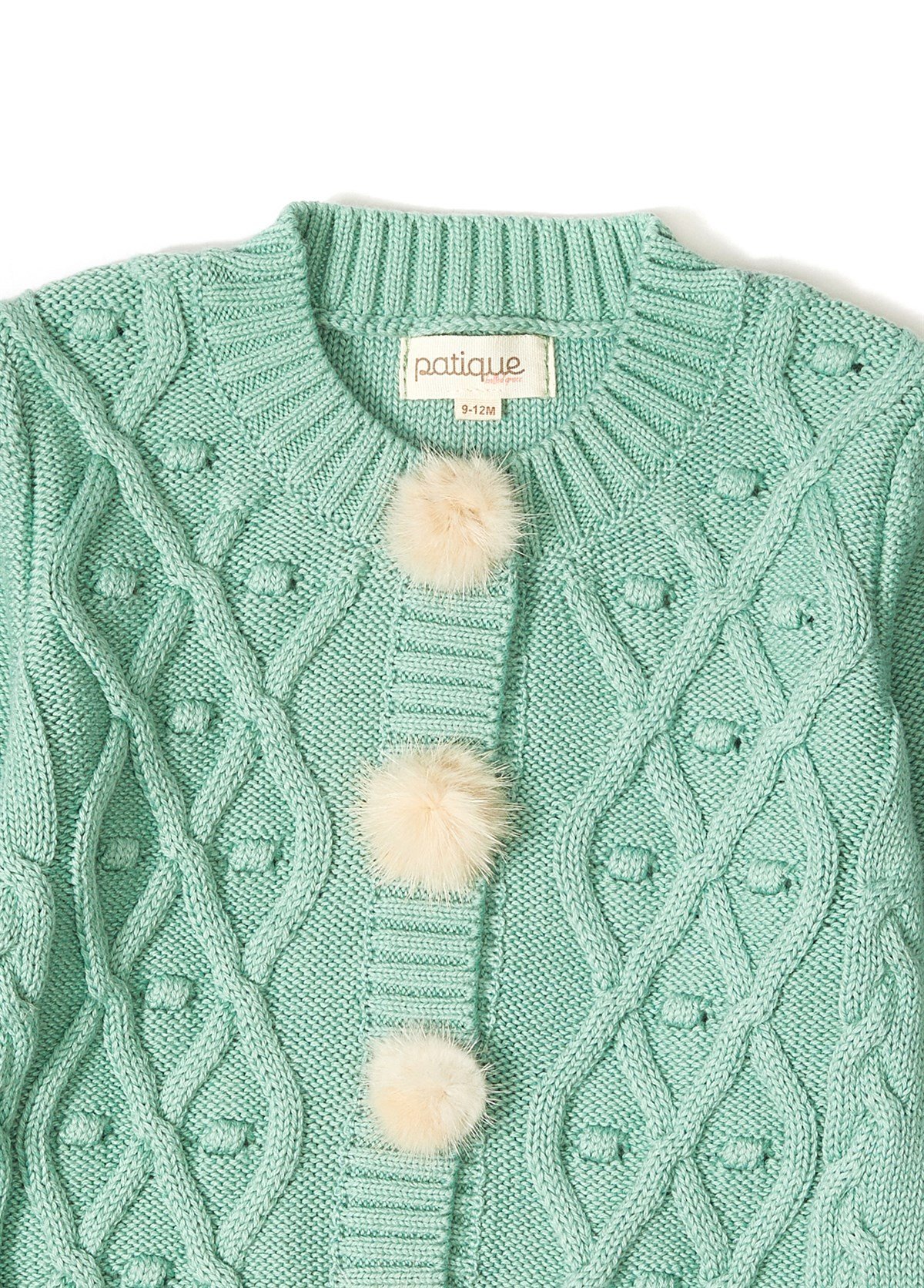 Yeşil Ponpon Düğmeli Organik Pamuklu Kız Bebek Triko Hırka