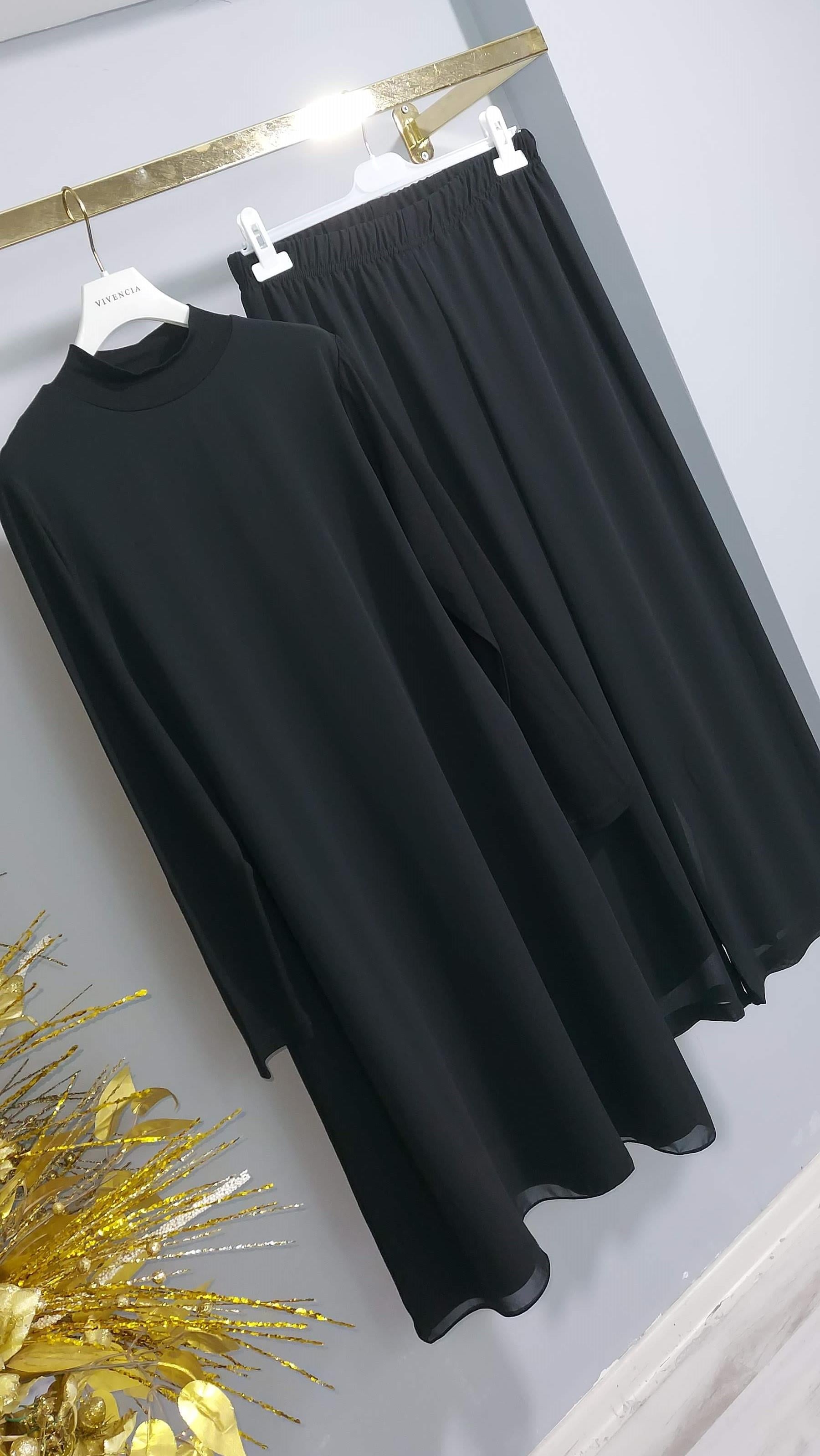 105 cm. Önü Şifon detaylı Dik Yaka Tunik  Ve Şifon Pantolon Takım