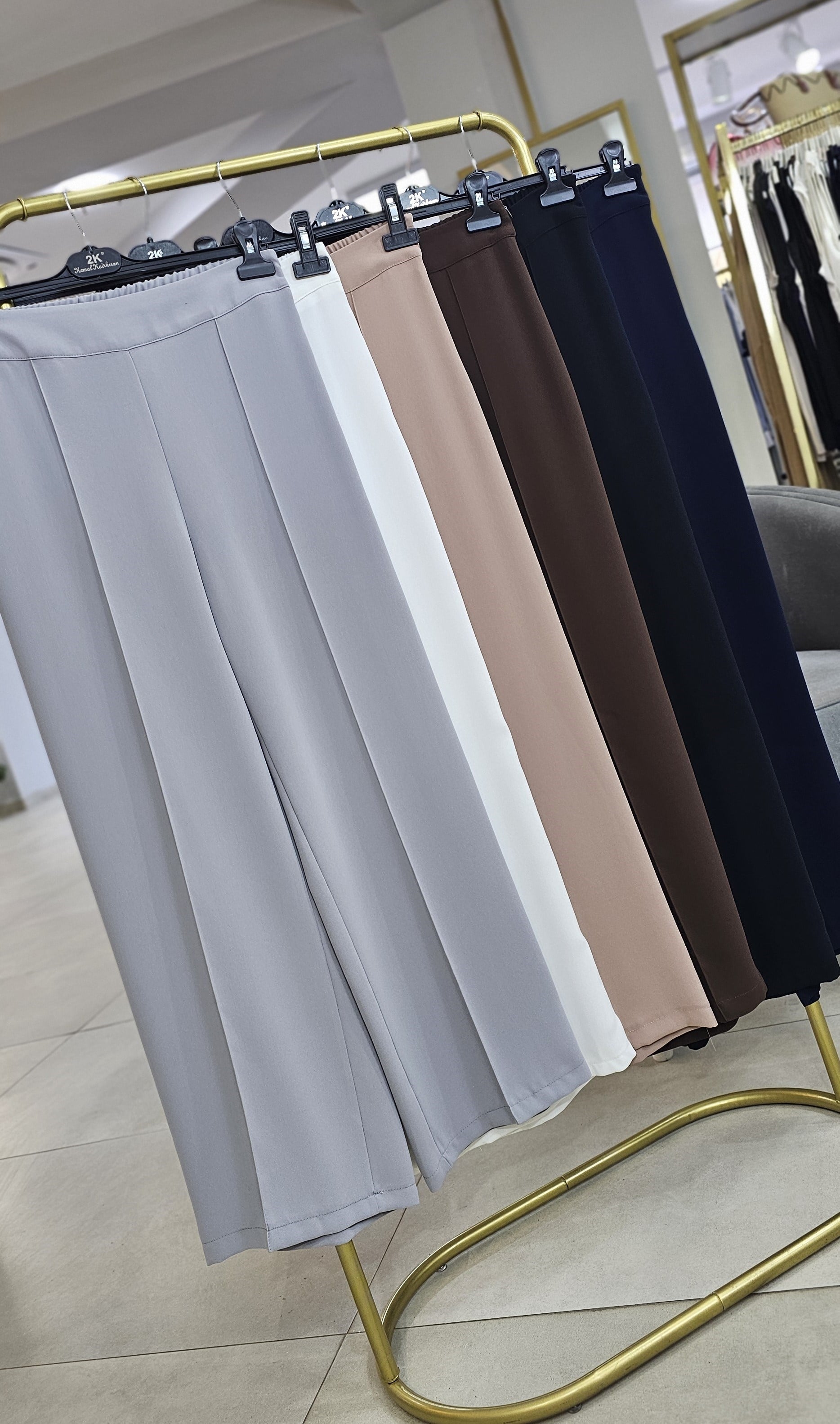 2K Akışkan Krep Beli Lastikli Nervürlü Bol Paça Pantolon - Adet