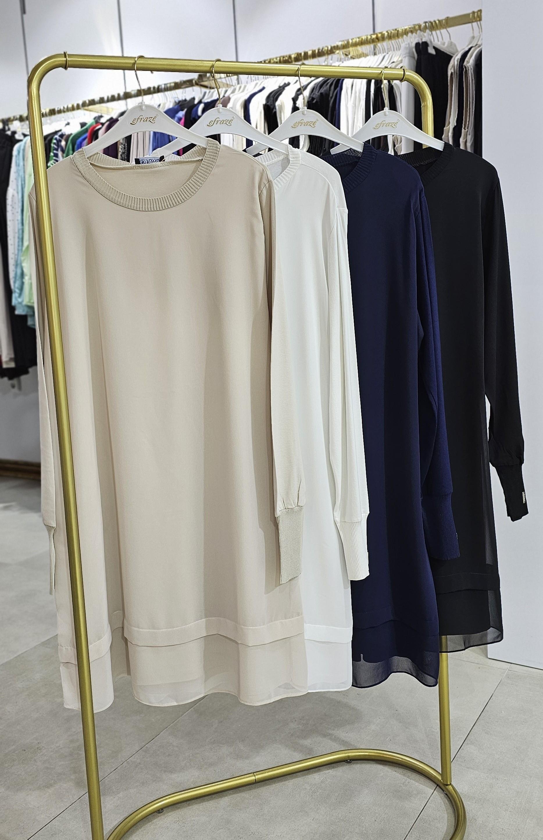 90 cm. Önü Şifon Detaylı Merserize Ribanalı İpek Penye İçlik Tunik - ADET