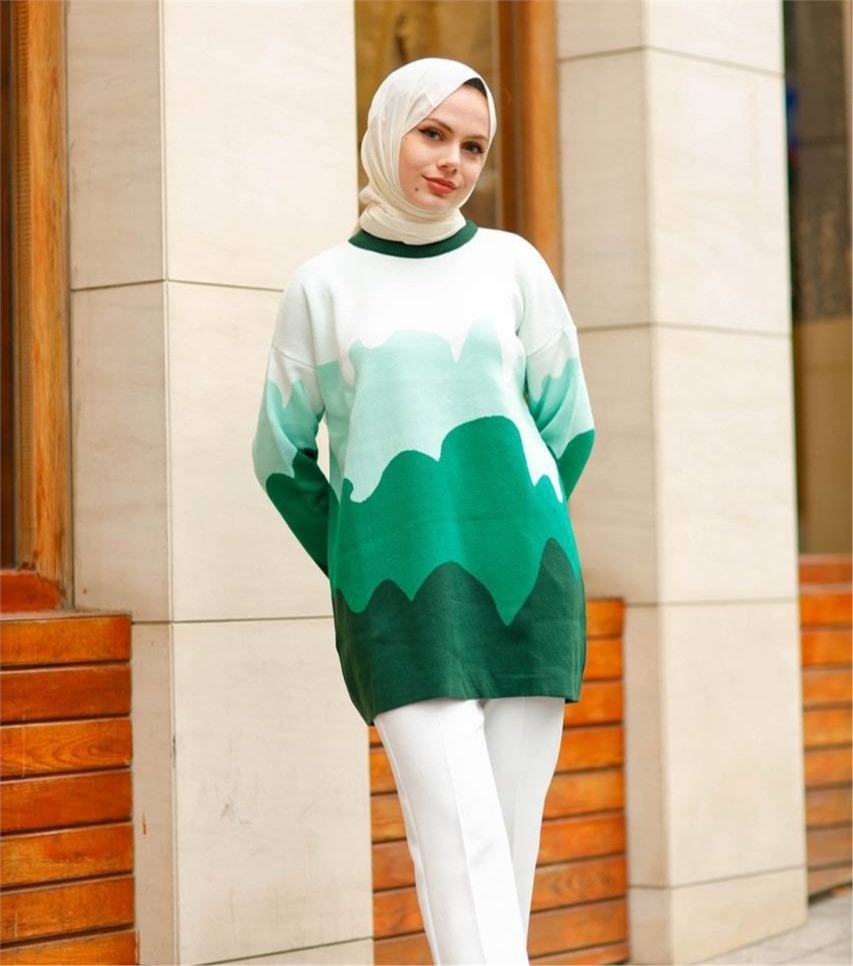 Bulut Desen Soft Triko Tunik - Yeşil