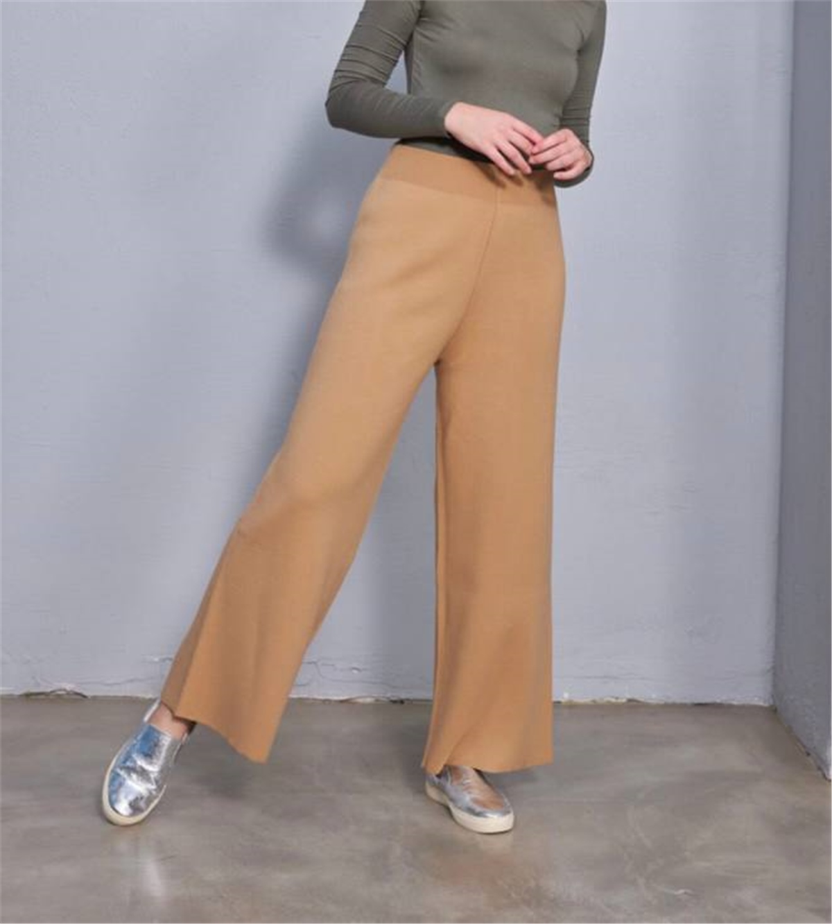 Çelik Örme Triko Pantolon -Camel