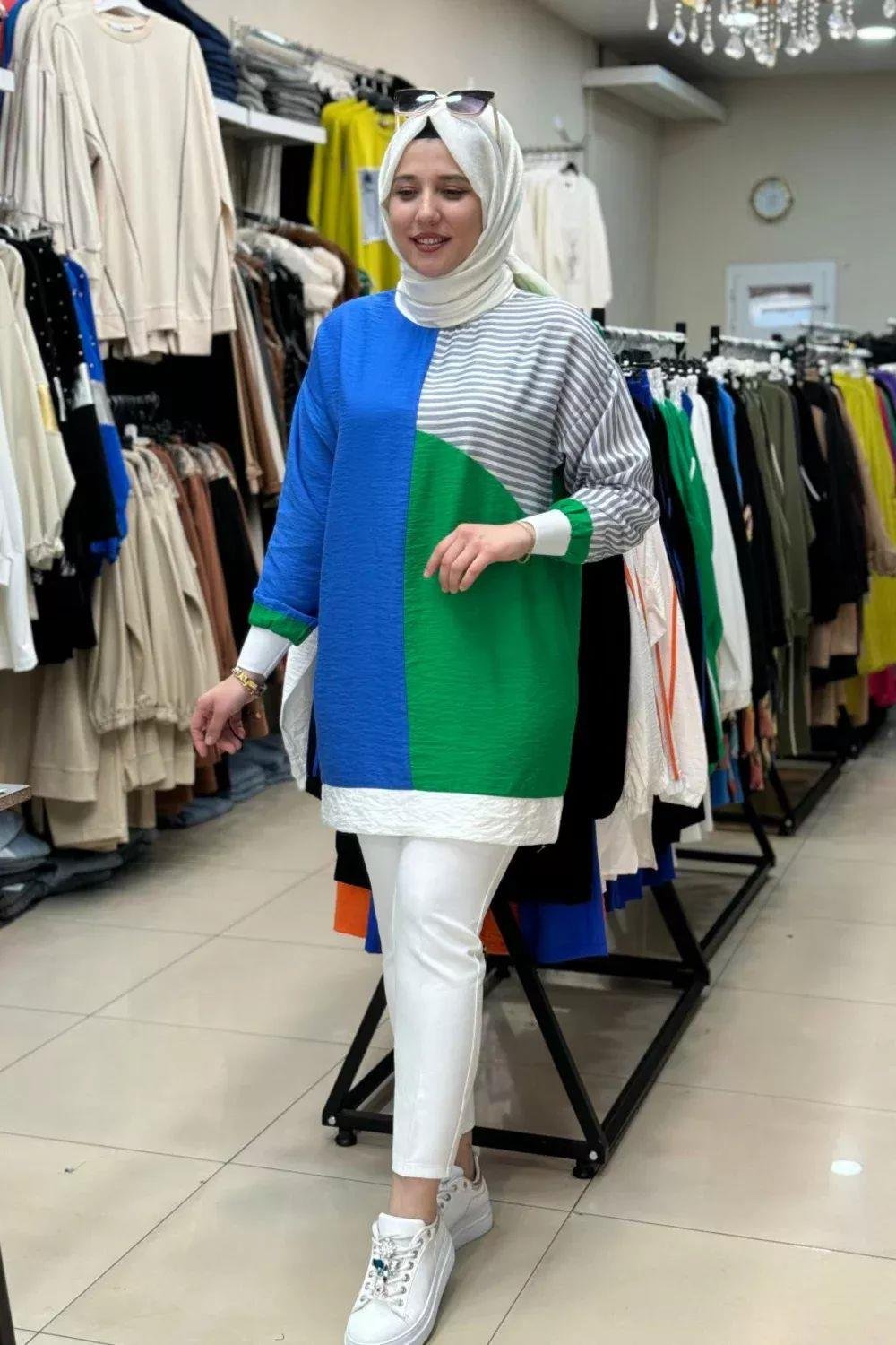 Çizgili Keten Tunik Mavi-Yeşil