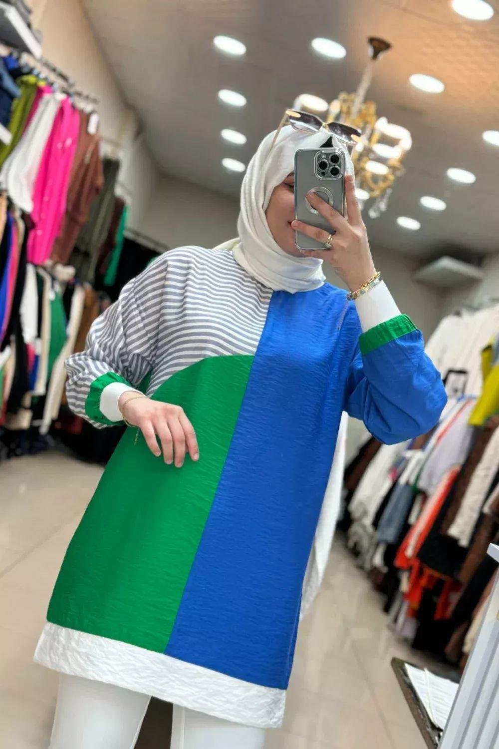 Çizgili Keten Tunik Mavi-Yeşil