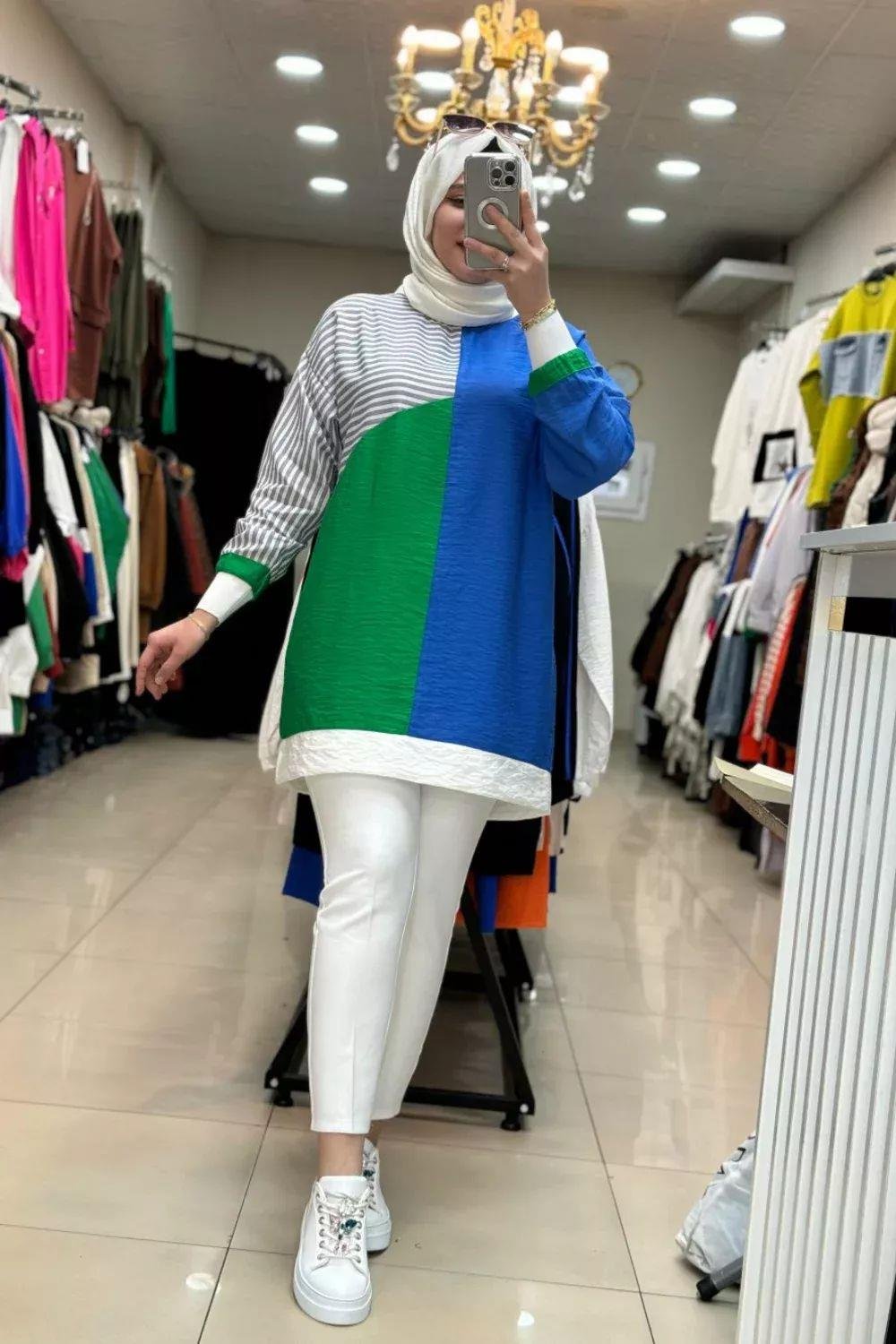 Çizgili Keten Tunik Mavi-Yeşil