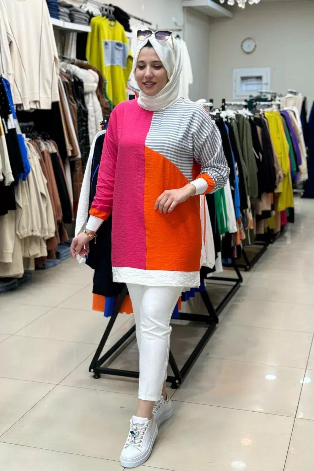 Çizgili Keten Tunik Pembe-Turuncu 