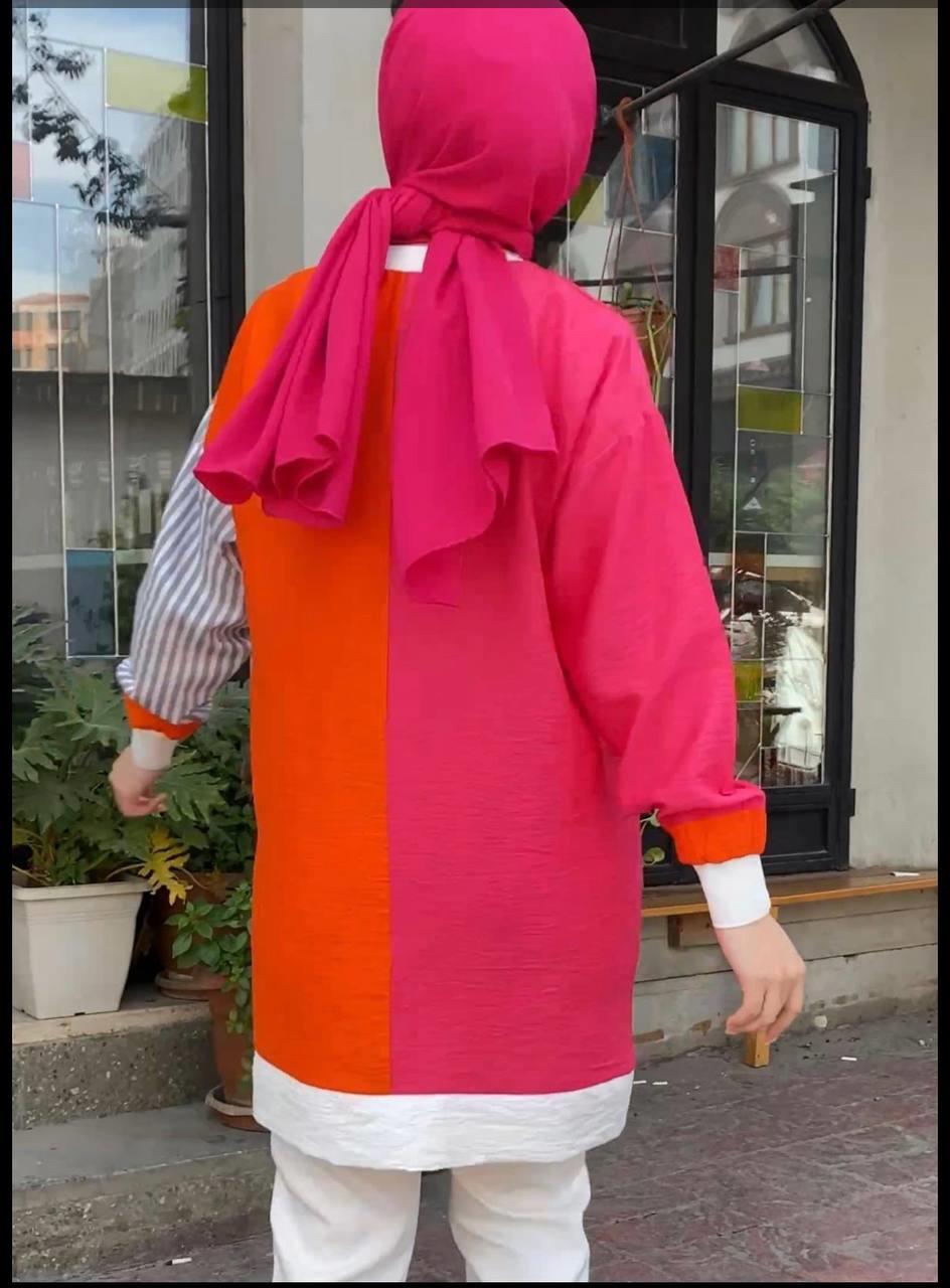 Çizgili Keten Tunik Pembe-Turuncu 