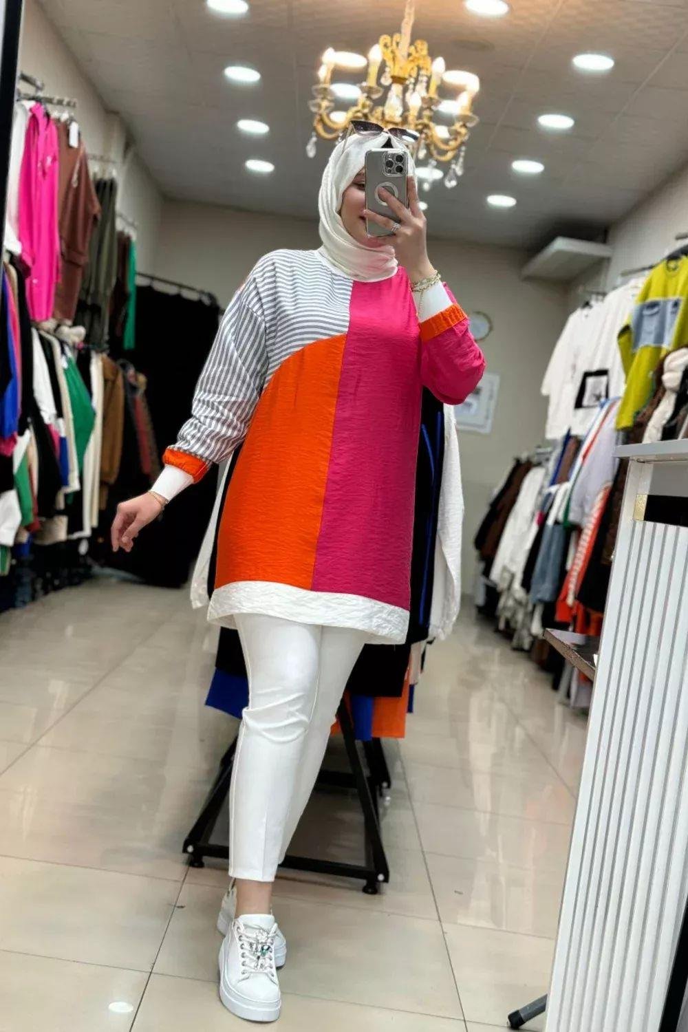 Çizgili Keten Tunik Pembe-Turuncu 