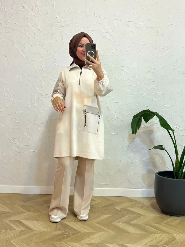 Deri Detaylı Tunik - Bej