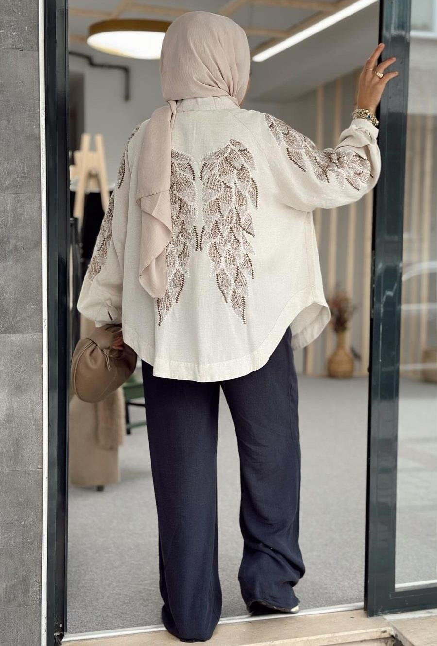 İşlemeli Keten Kimono - Bej