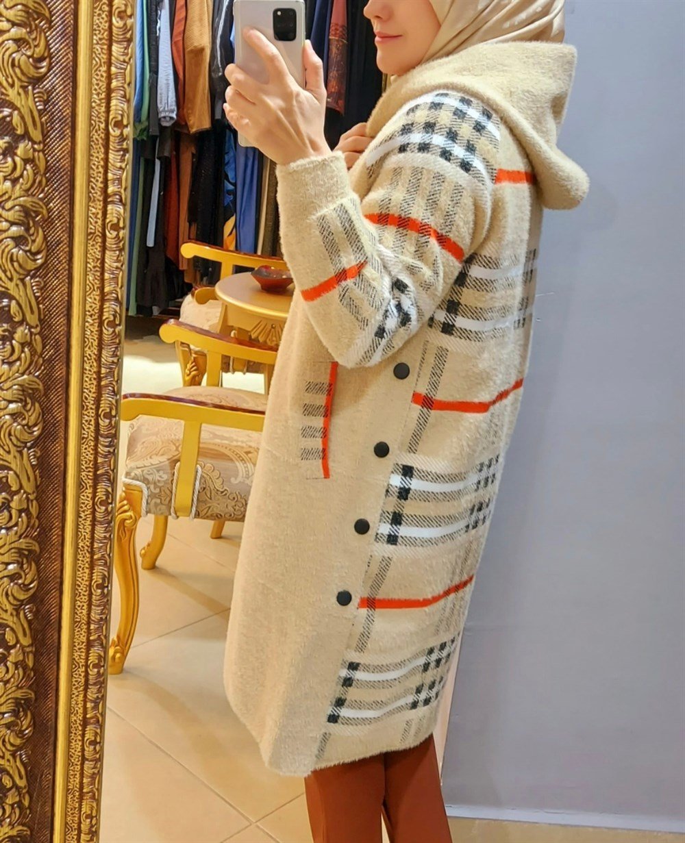 İthal Burberry Desen Angora Kaban - Bej