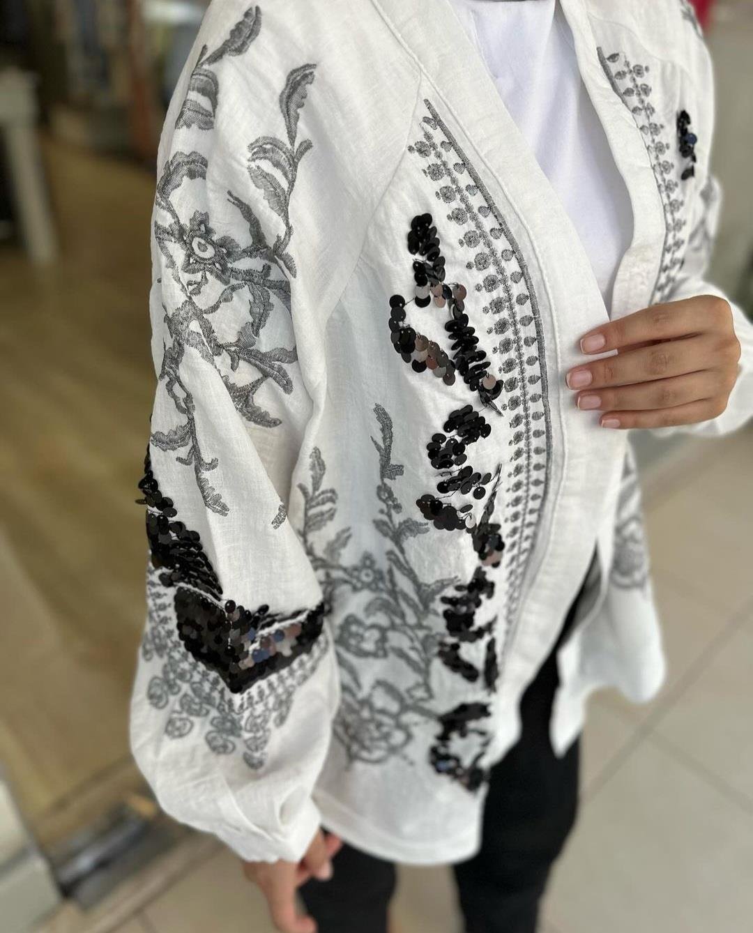 Nakışlı Keten Kimono - Beyaz