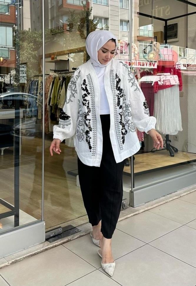 Nakışlı Keten Kimono - Beyaz