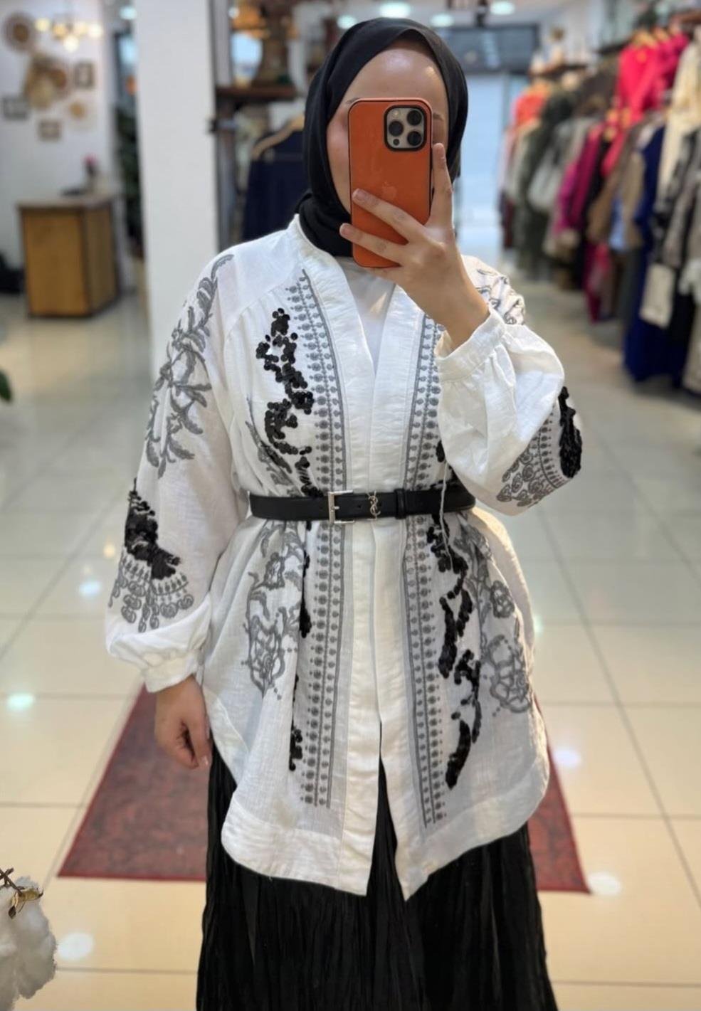 Nakışlı Keten Kimono - Beyaz