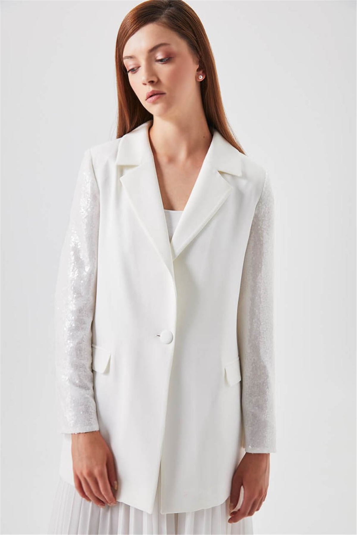 Organze Pul Kol Detaylı  Blazer Ceket - Beyaz