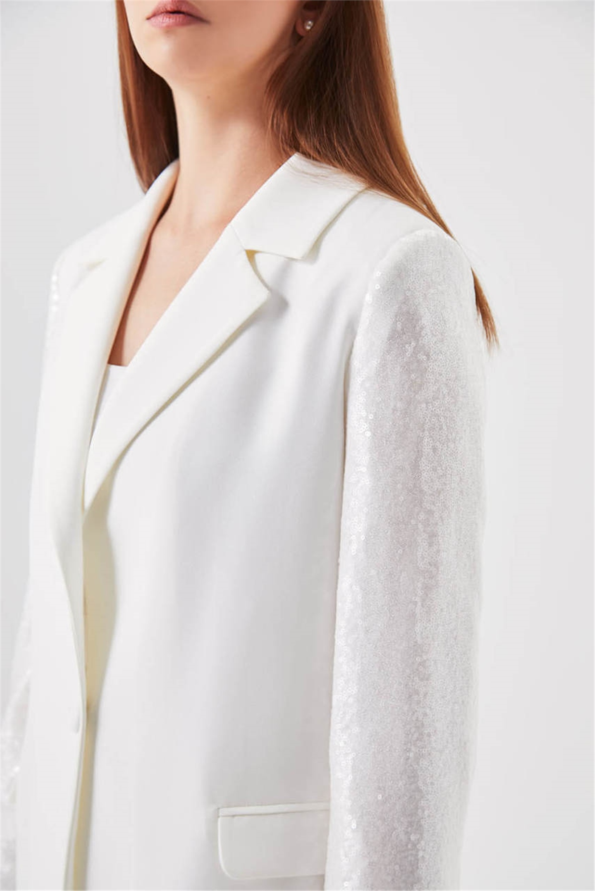 Organze Pul Kol Detaylı  Blazer Ceket - Beyaz