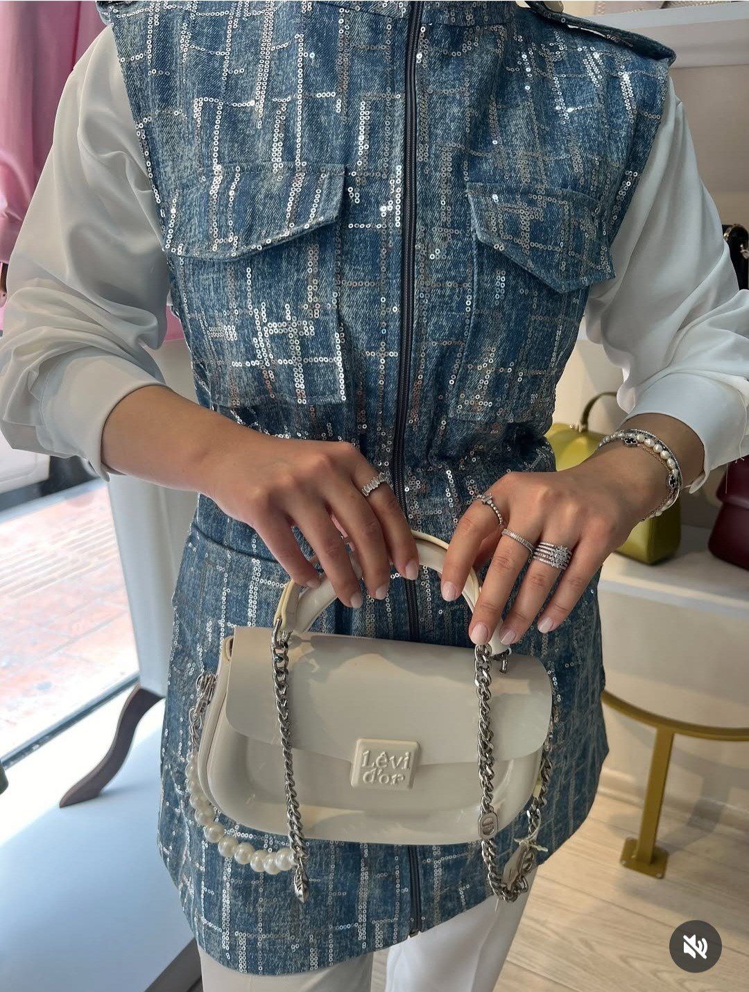 Payetli Denim Yelek - Mavi