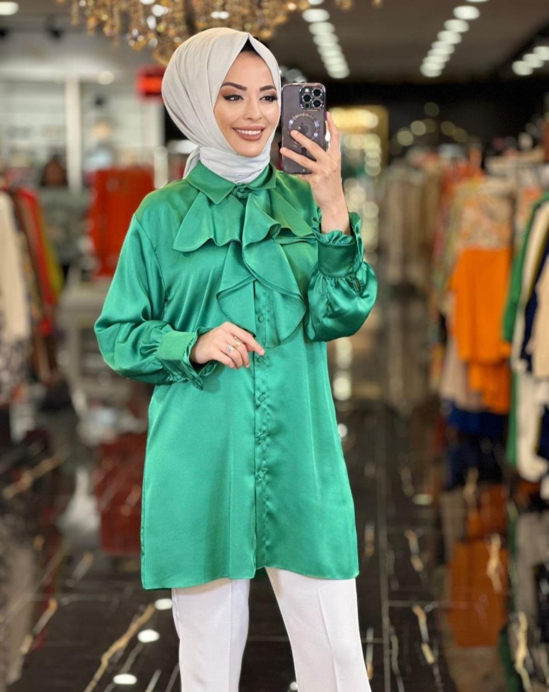 Saten Gömlek Tunik - YEŞİL