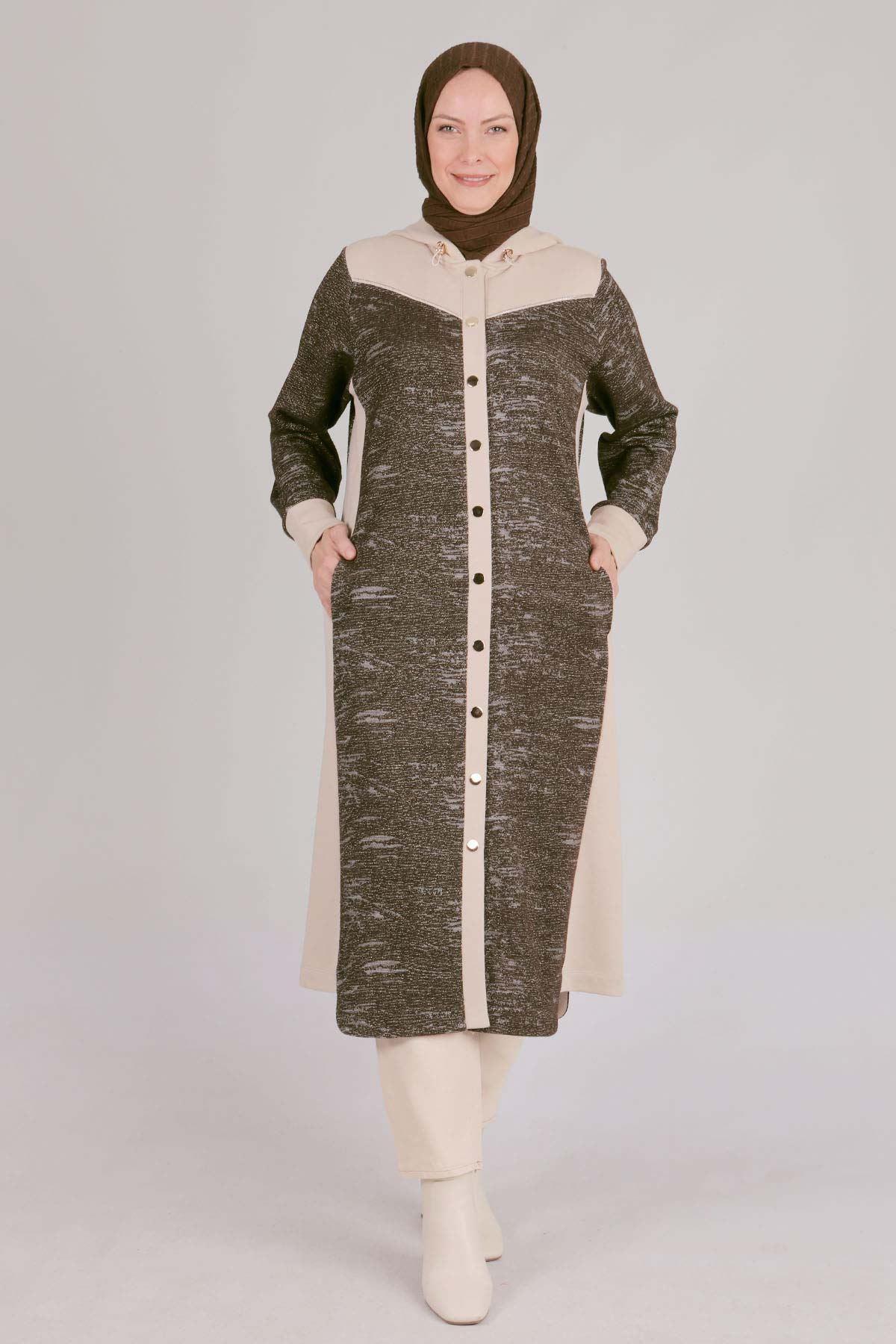 Tesettür Kapüşonlu Kap - Taş