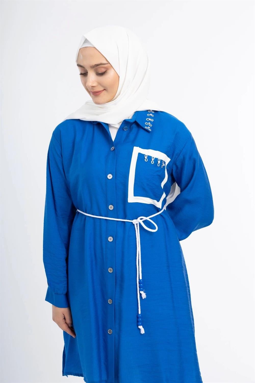 Yaka Taş Detaylı Tunik - Mavi