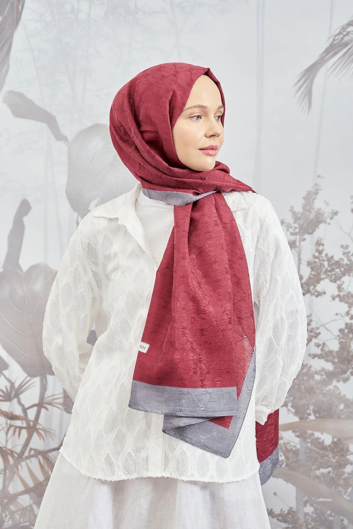 ZİNCİR MONOGRAM ŞAL - BORDO - GRİ
