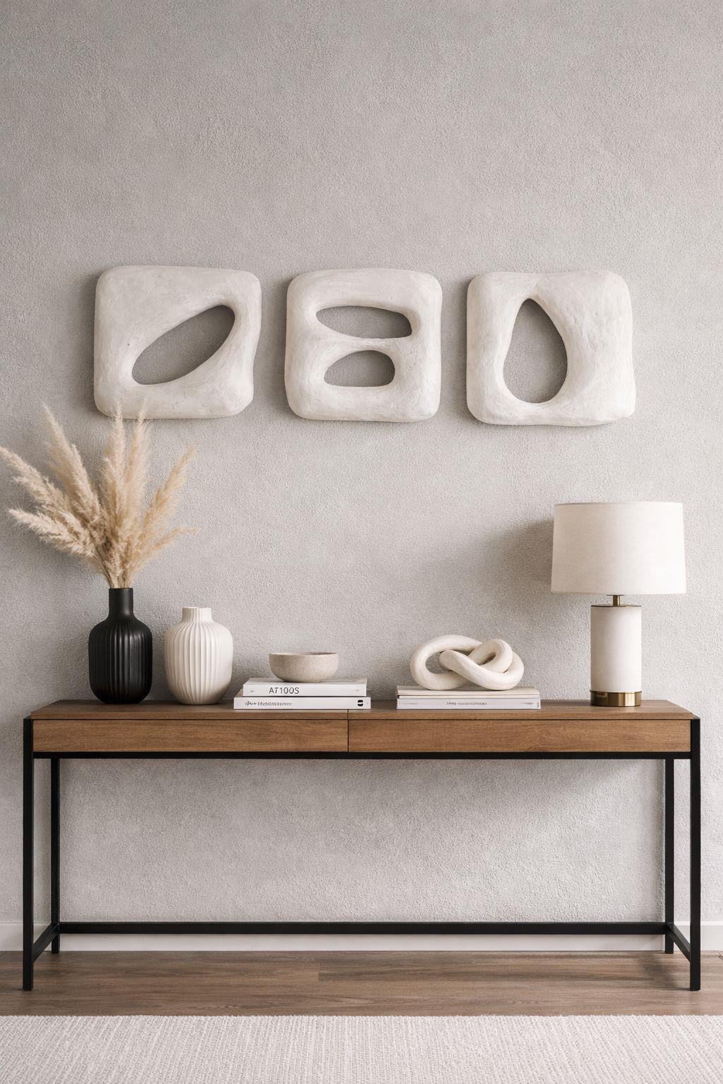 Duvar Dekoru Beton Görünümlü ,Wabi Sabi–El Yapımı Modern Dekoratif Duvar Objesi, 3'lü Set-Truzo Krem
