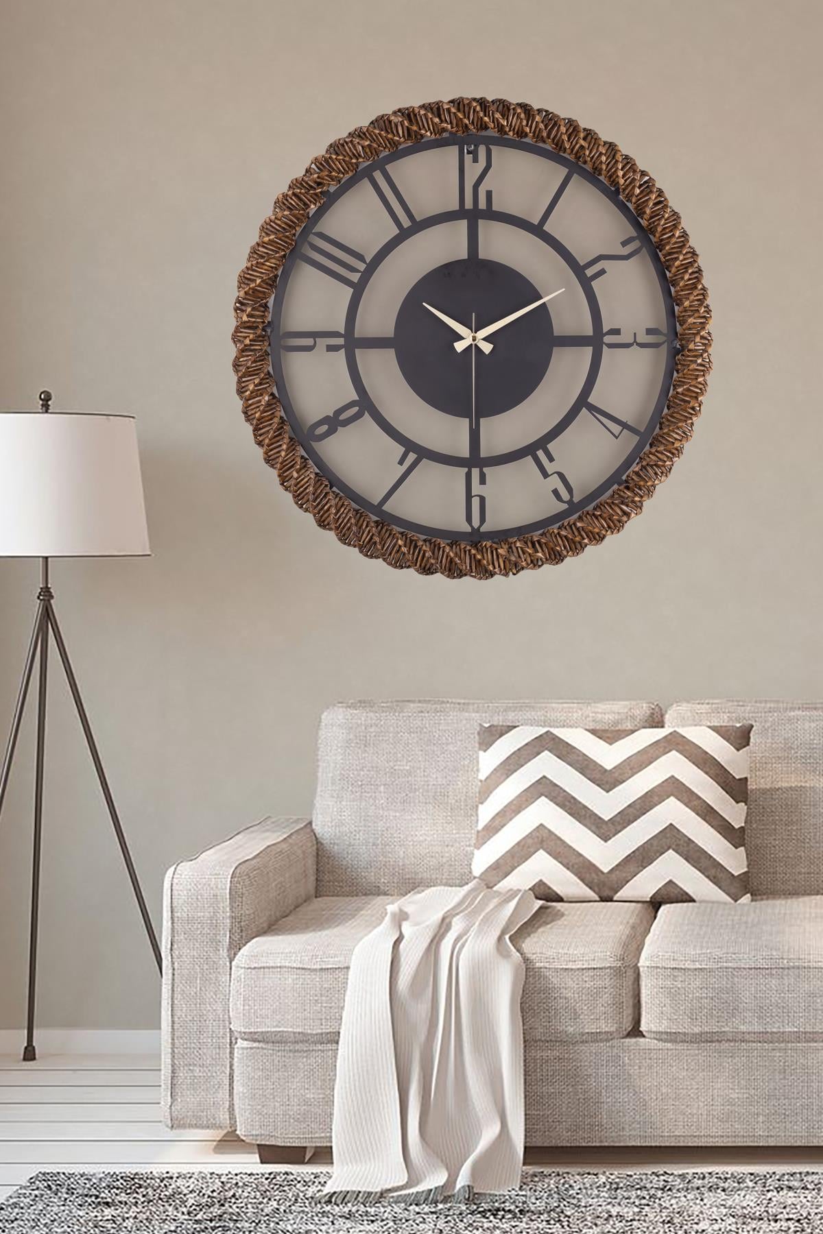 MUYİKA Bunnela Metal Üstü Hasır El Örmesi 58x58cm Dekoratif Duvar Saati MDS-50