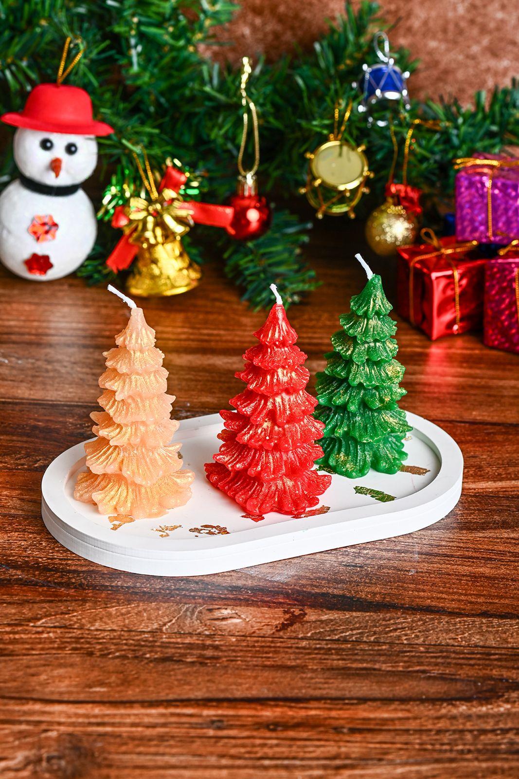 MUYİKA Dekoratif 3'lü Çam Ağacı Mum Seti Beton Kaideli Yılbaşı Noel Yeni Yıl Temalı Mum Seti