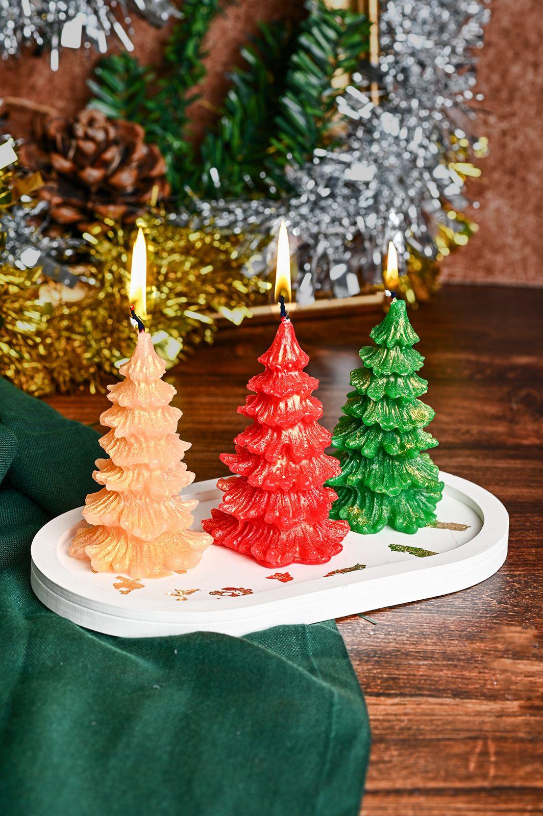 MUYİKA Dekoratif 3'lü Çam Ağacı Mum Seti Beton Kaideli Yılbaşı Noel Yeni Yıl Temalı Mum Seti