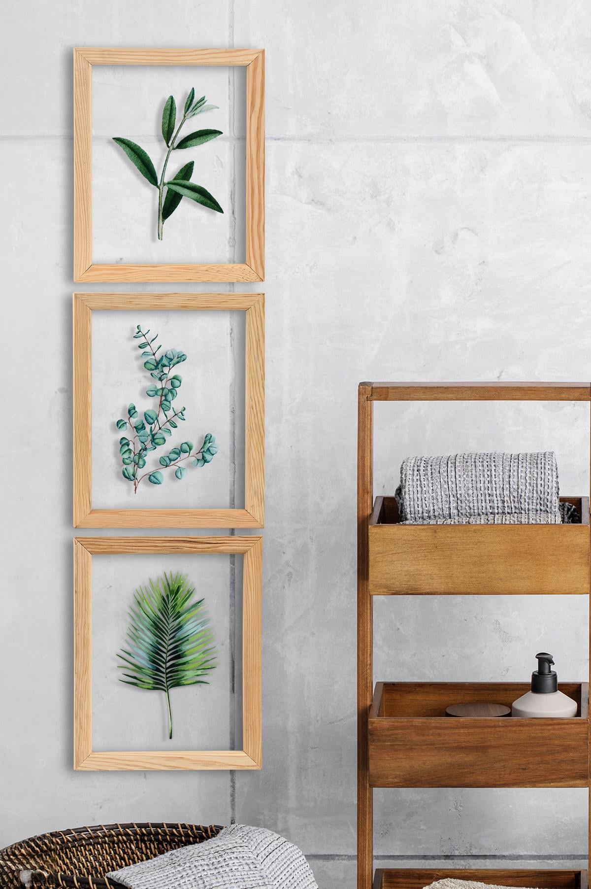 Muyika Regina Ocaliptus 3 Parça Ahşap Çerçeveli Cam Üstü Baskı Tablo Seti 28x66cm 