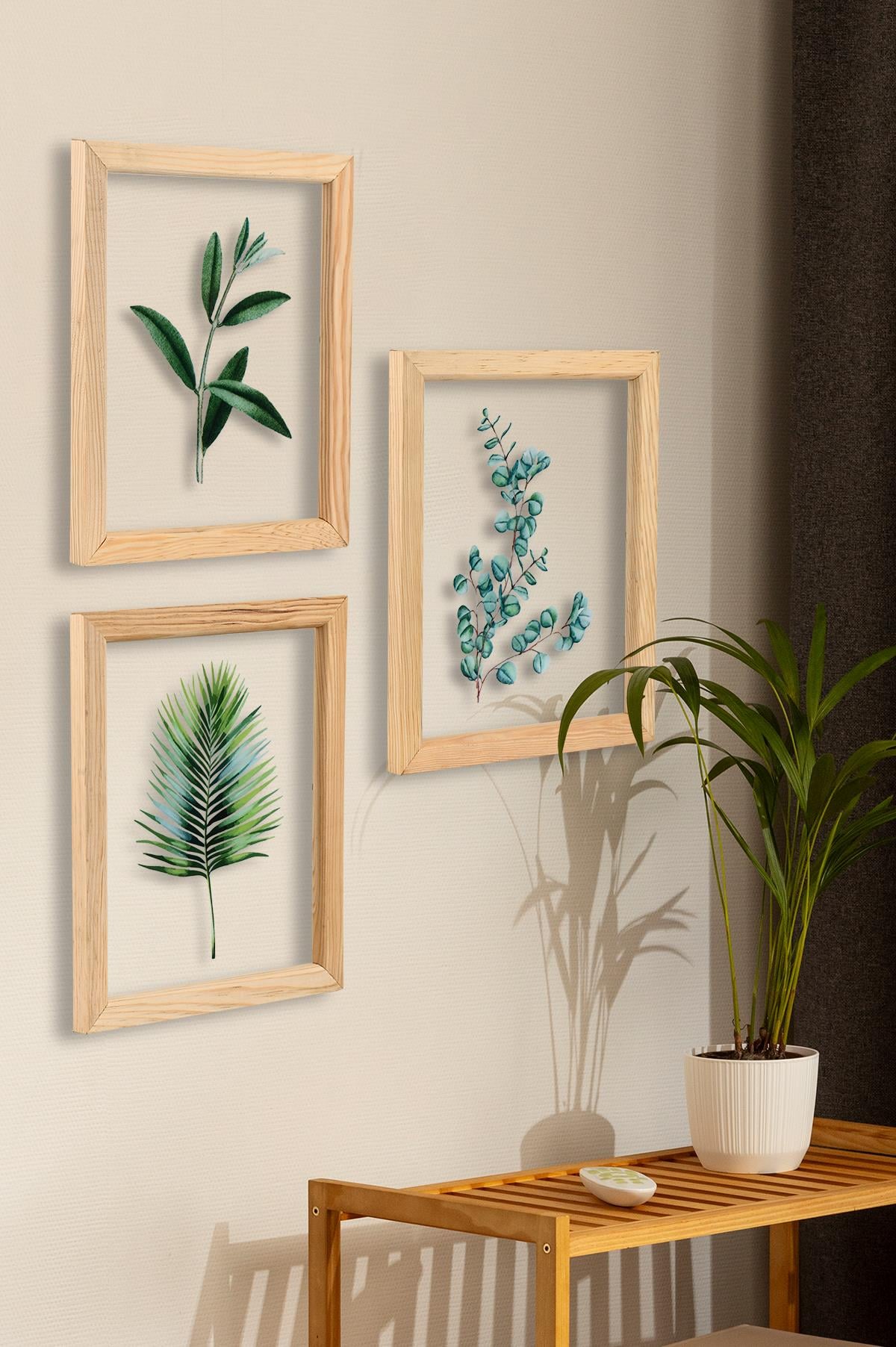 Muyika Regina Ocaliptus 3 Parça Ahşap Çerçeveli Cam Üstü Baskı Tablo Seti 28x66cm 