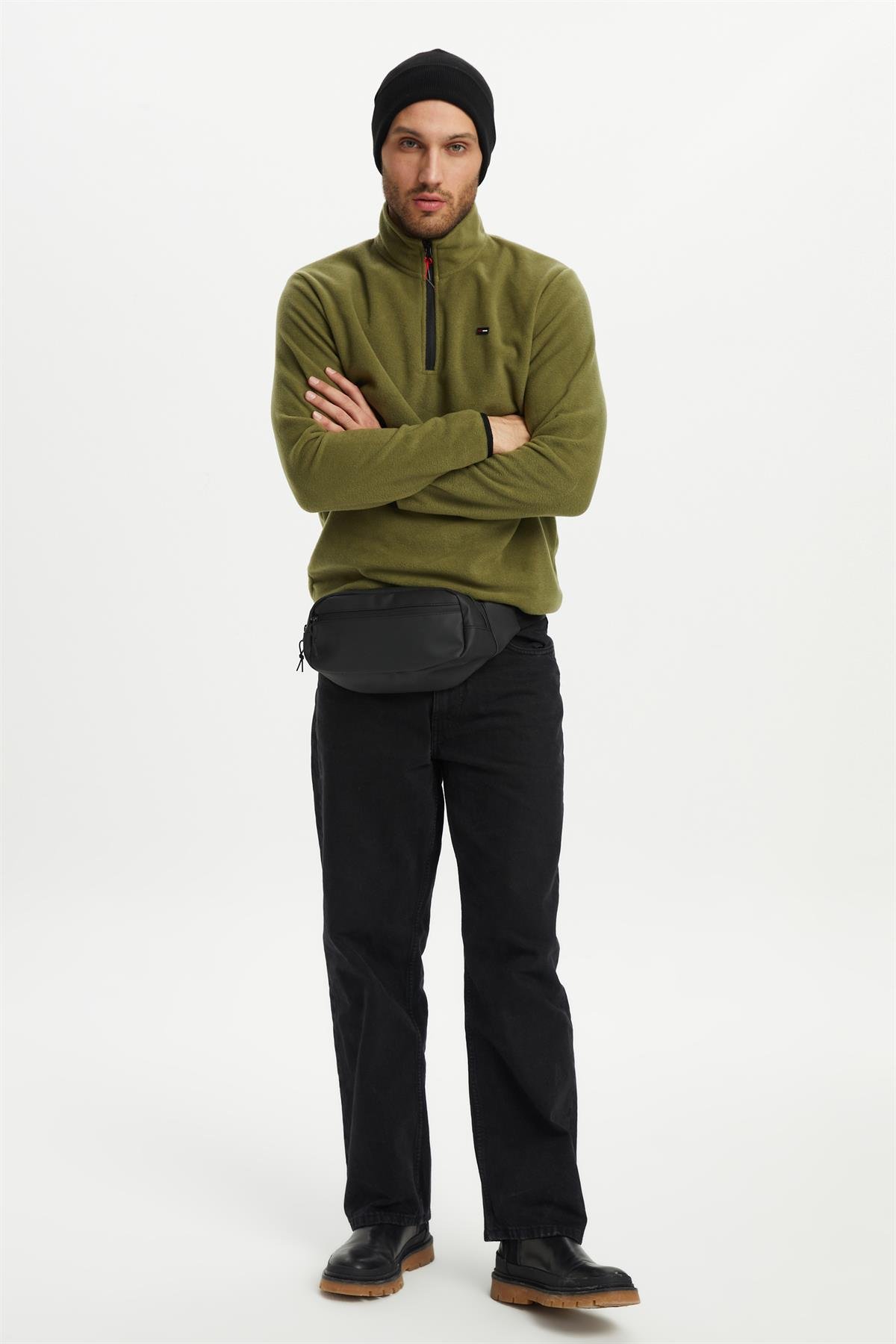 River Club Erkek Dik Yaka Yarım Fermuar Haki Kışlık Sweatshirt PO-001 Haki